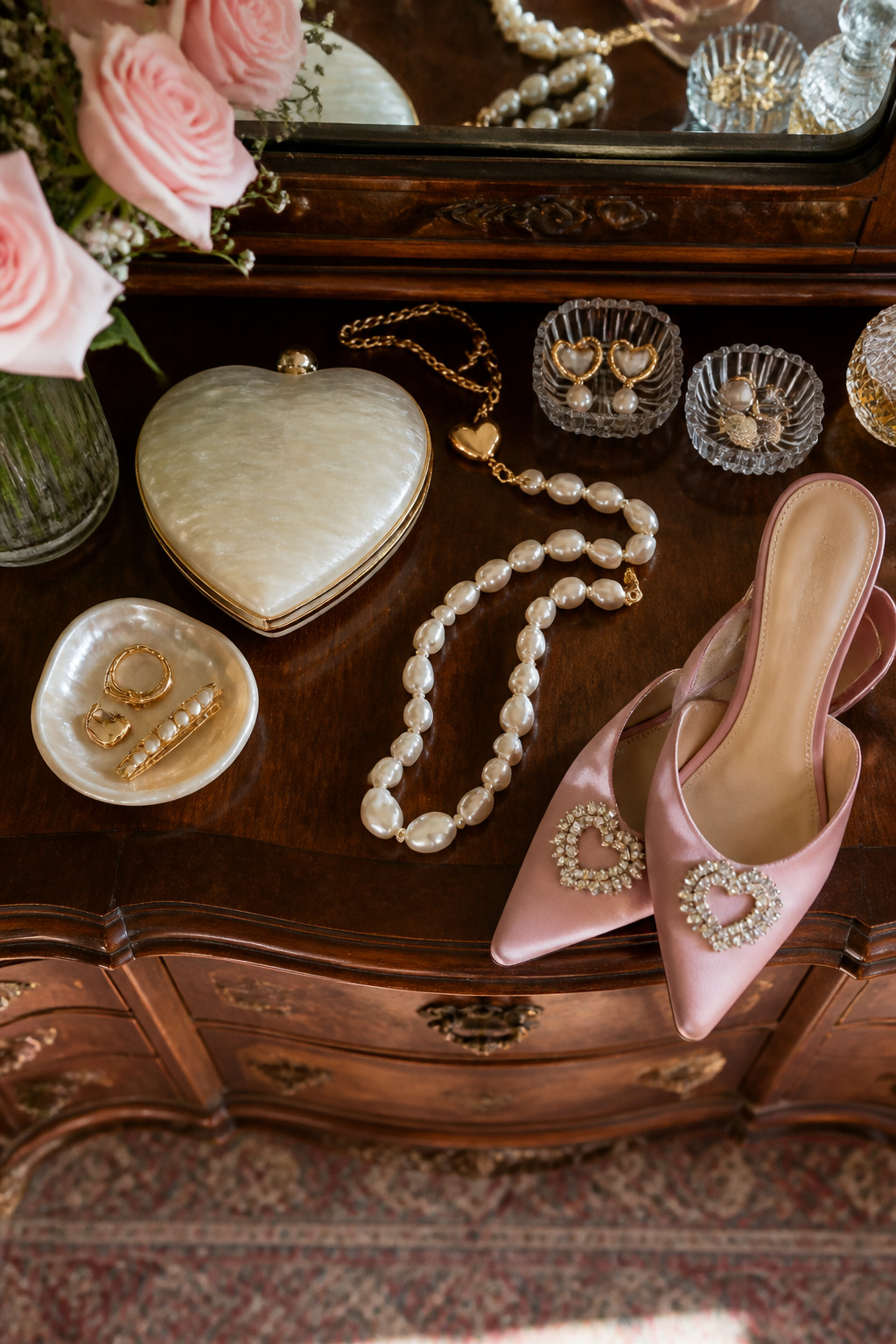 Jewelry and accessories arranged on a table.