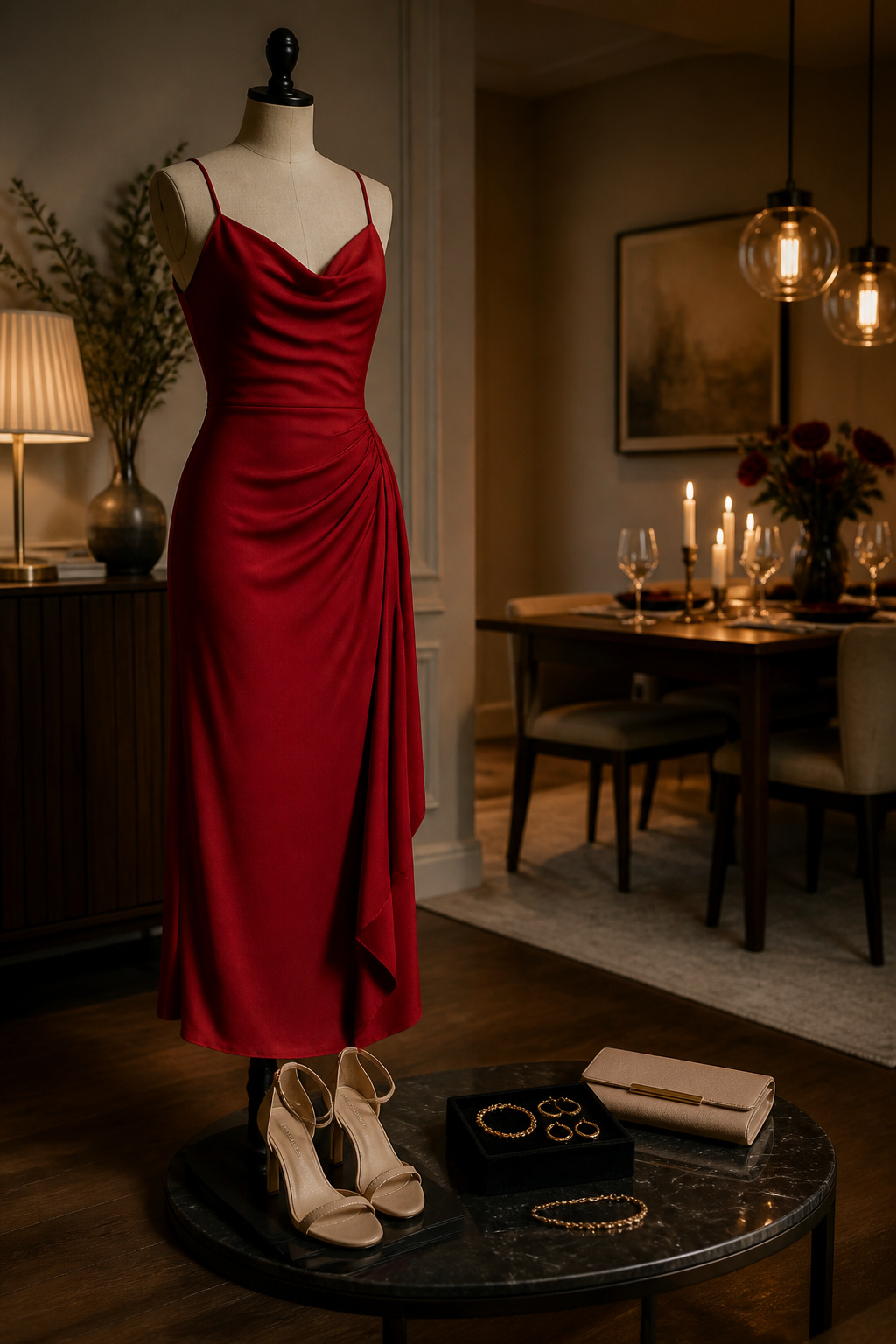 Red dress with nude heels displayed on a refined stand.