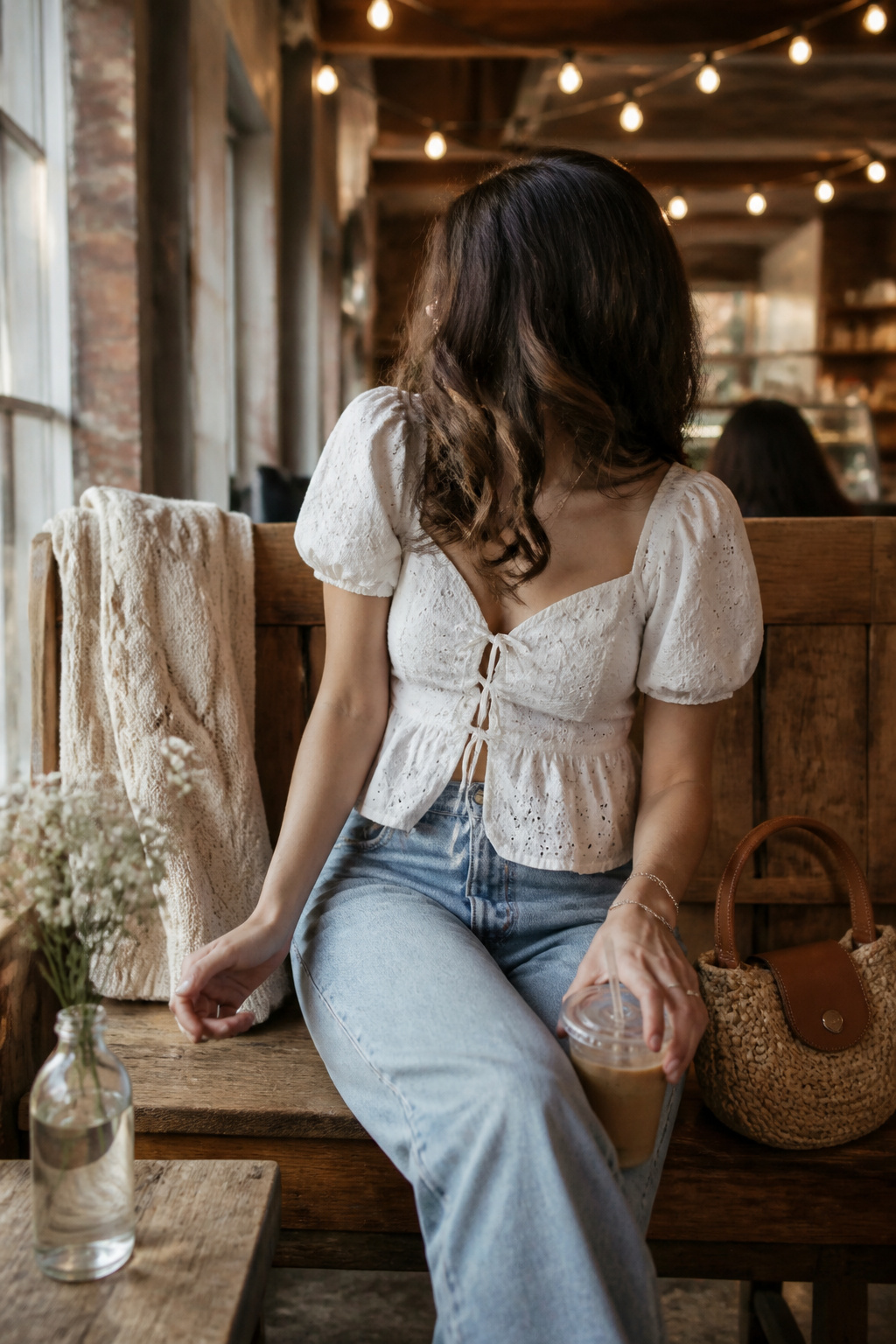 Eyelet set featured on a rustic bench.