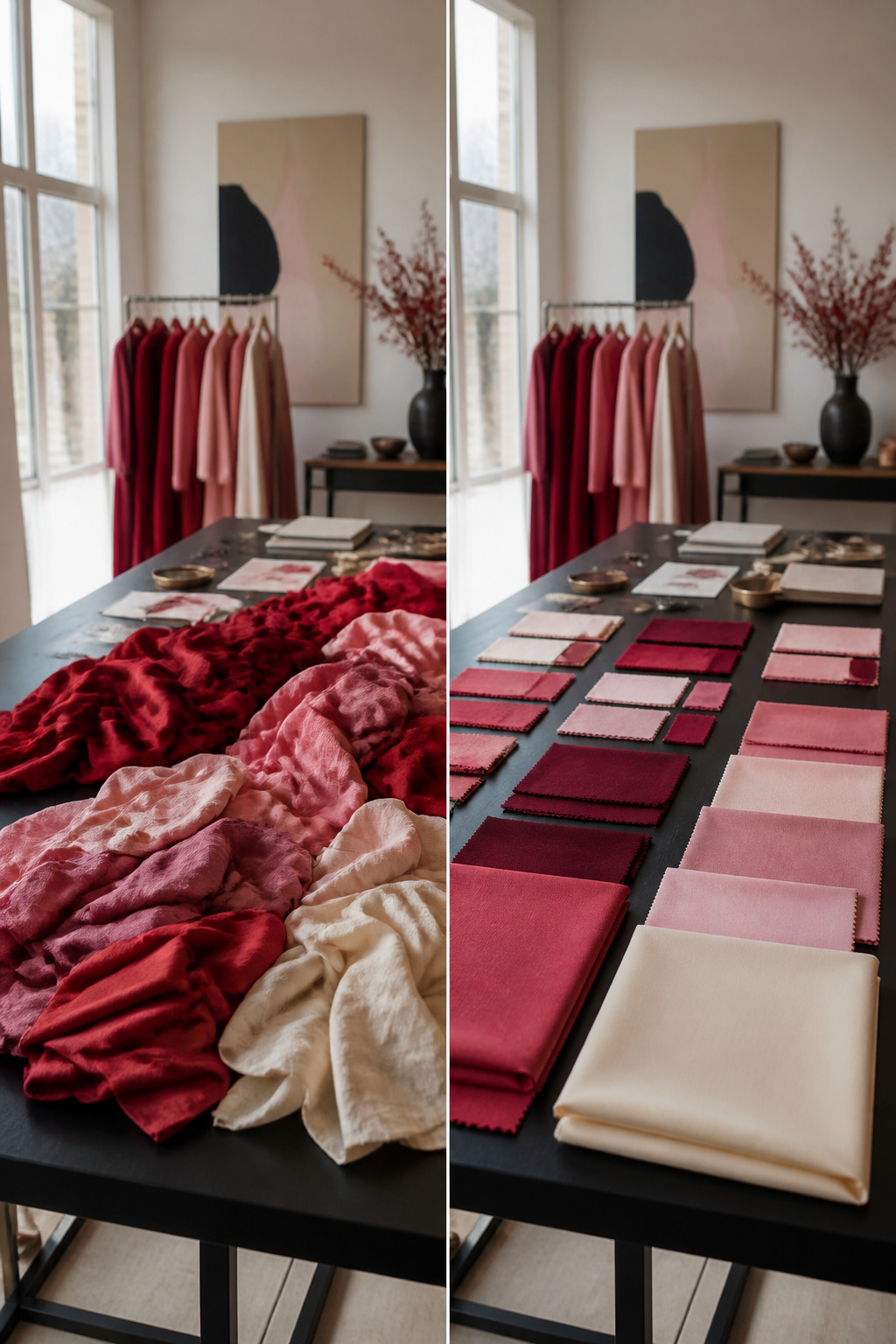 Color swatches in shades of red and pink.