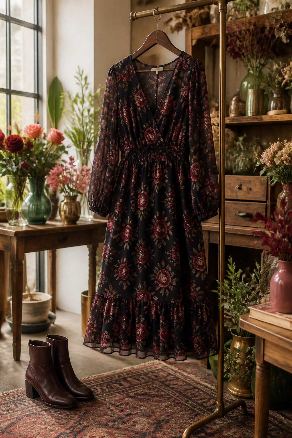 Floral Valentine dress hanging on a vintage wooden hanger.