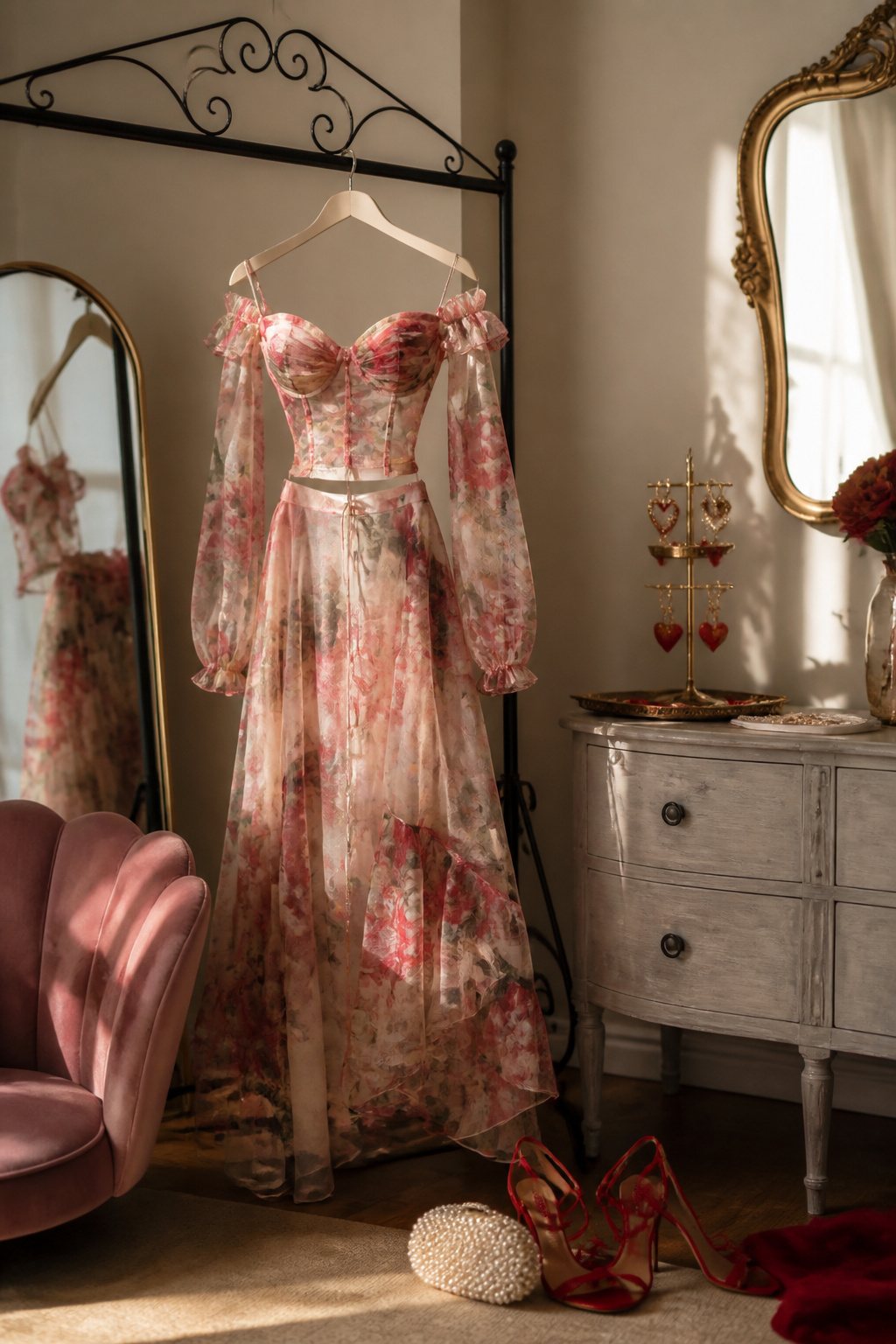 Off-shoulder floral mesh outfit on a wrought-iron rack.