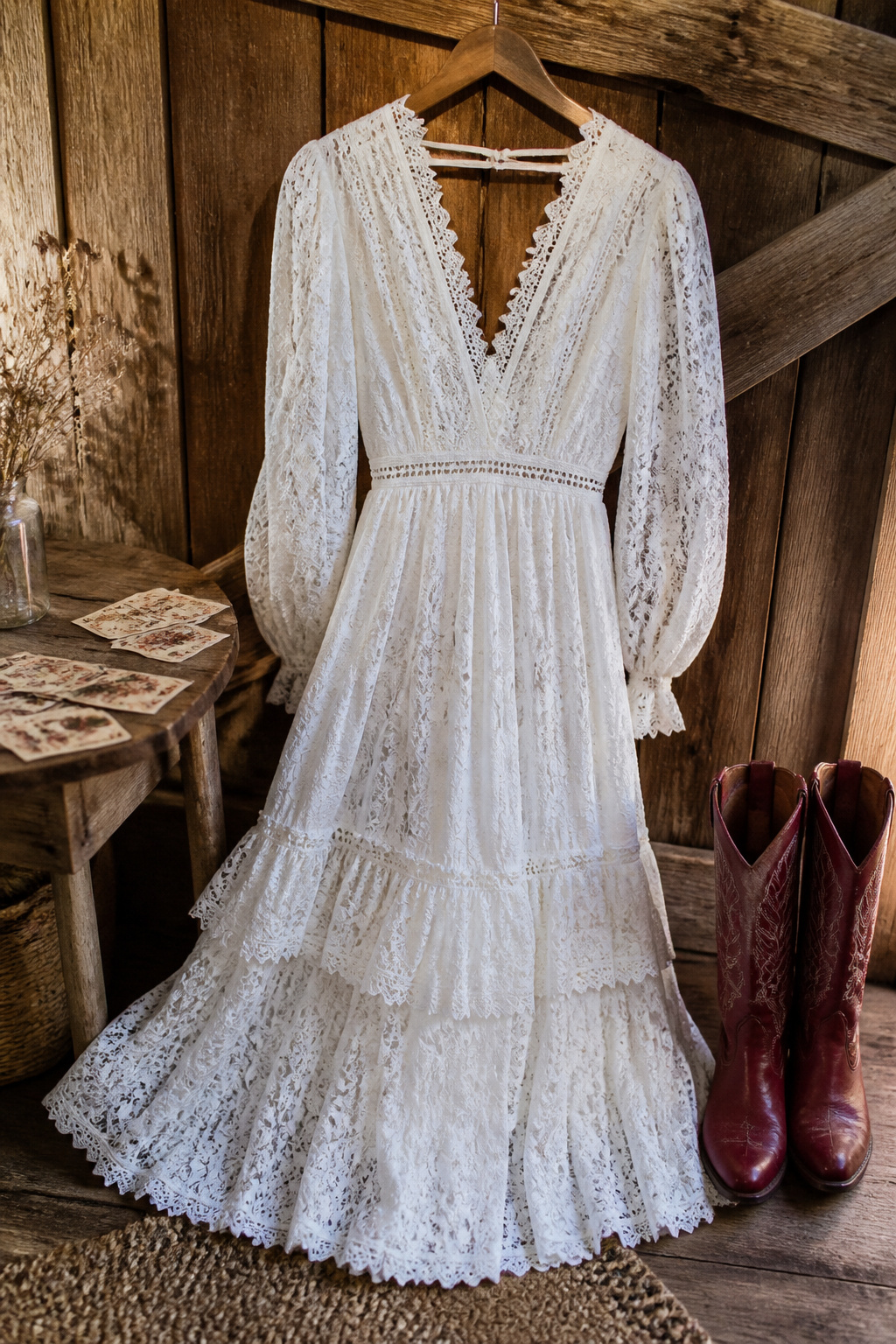 White dress with floral details displayed on a hanger.