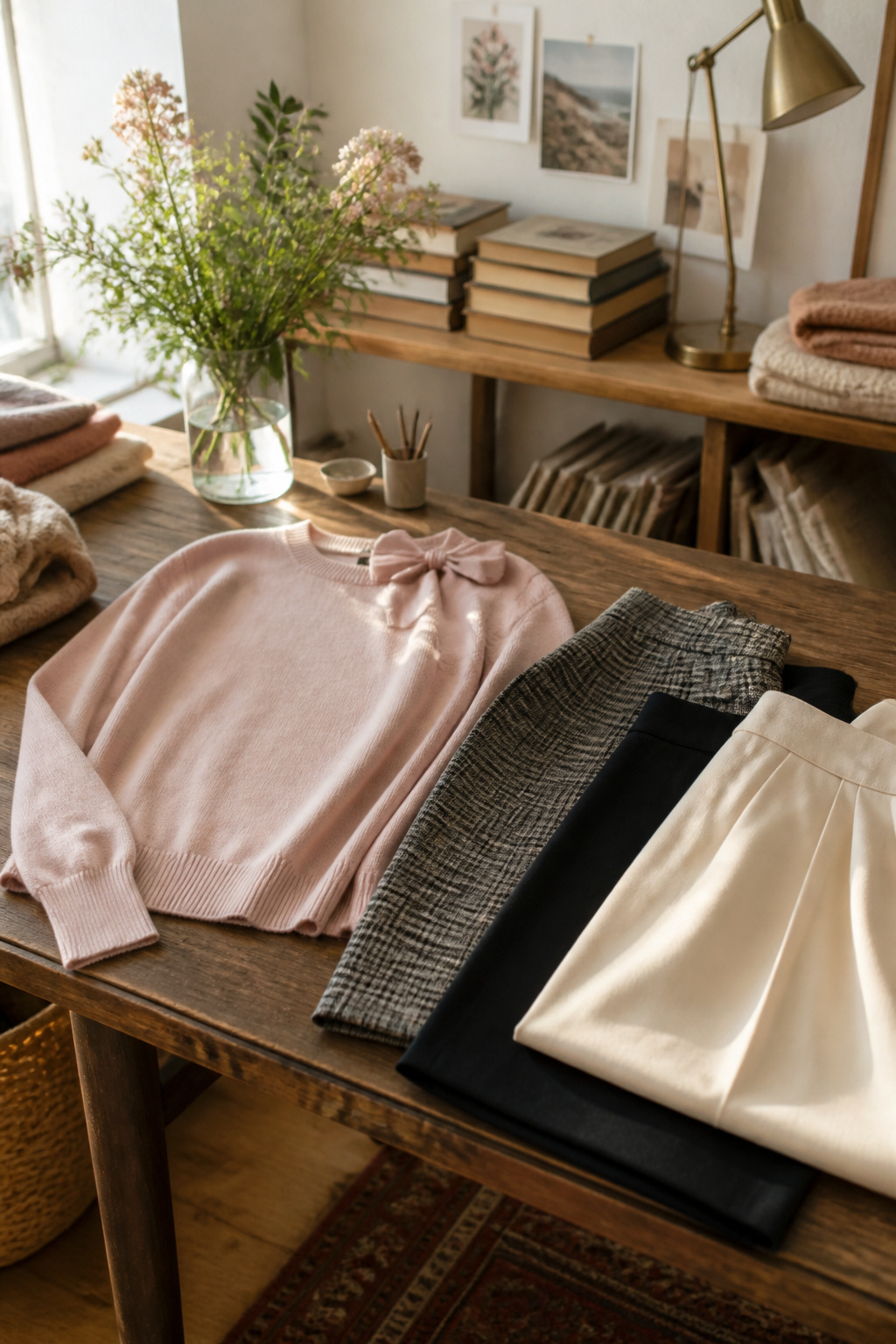 Soft pink cashmere crewneck displayed on a wooden table.