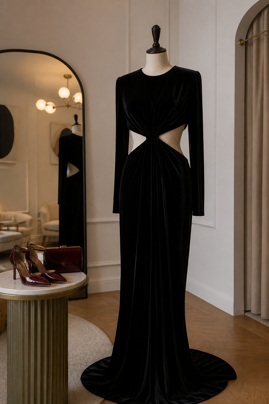 Cut-out maxi dress draped over a standing dress form.