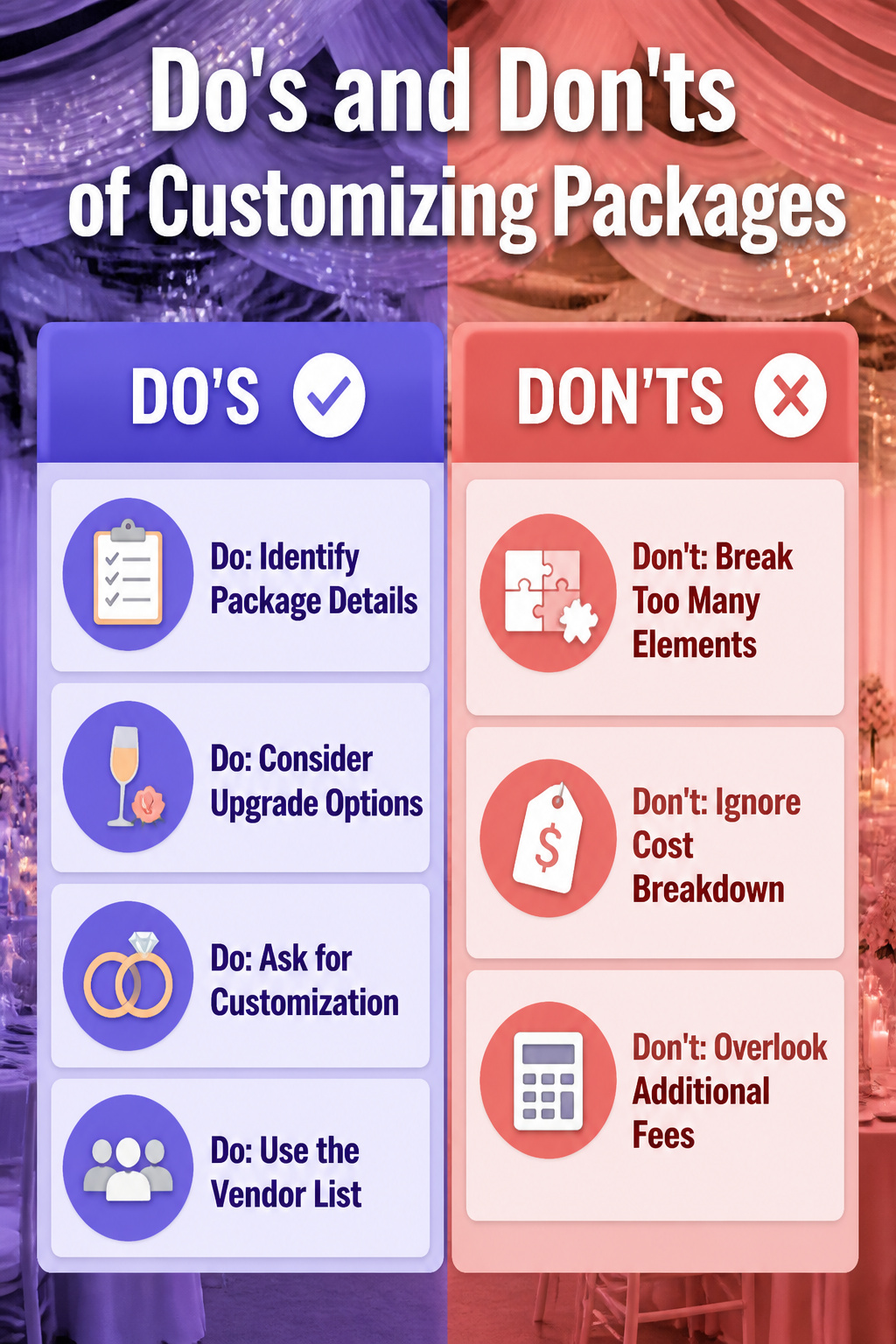 Do's and don'ts for customizing all-inclusive wedding packages.