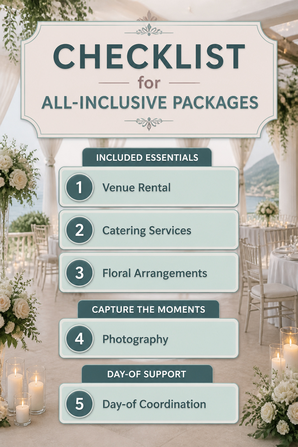 Checklist for all-inclusive wedding packages showing included services.