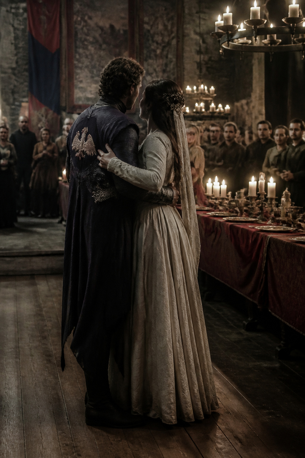 Edmure Tully and Roslin Frey in a grand hall at their wedding.