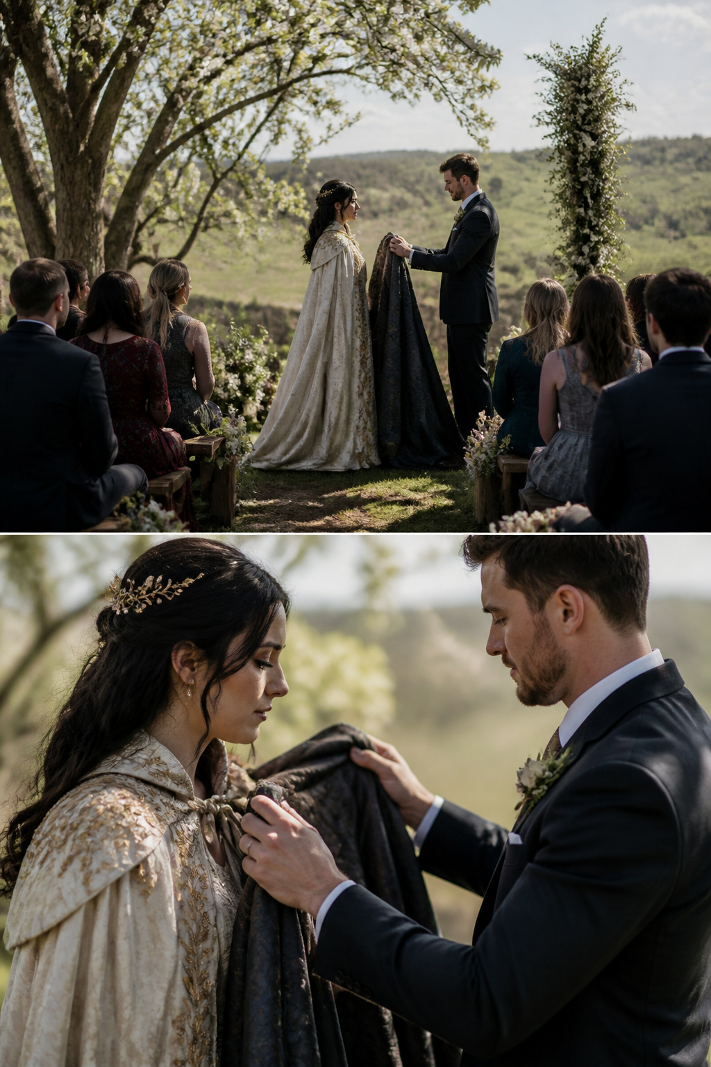 A couple exchanging cloaks during a wedding ceremony.