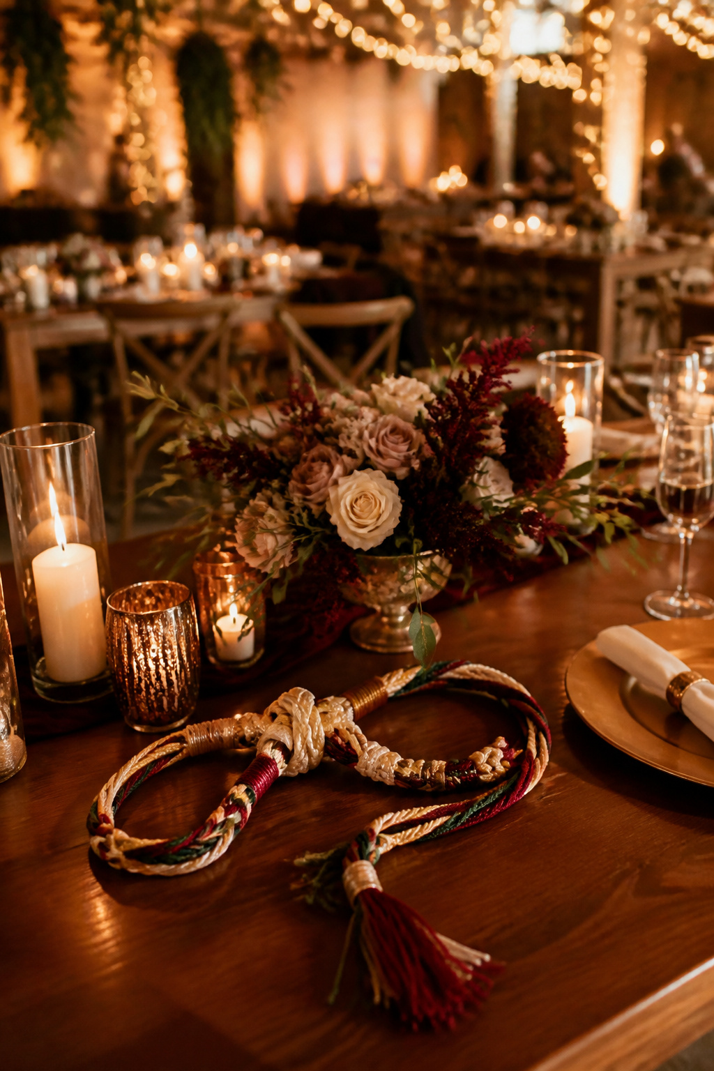 Keepsake cord displayed elegantly on a sweetheart table beside flowers.