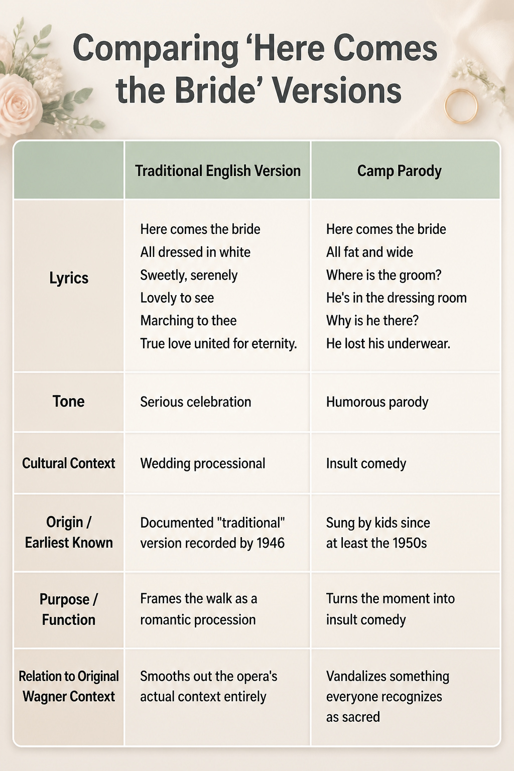 An image comparing different versions of Here Comes the Bride.