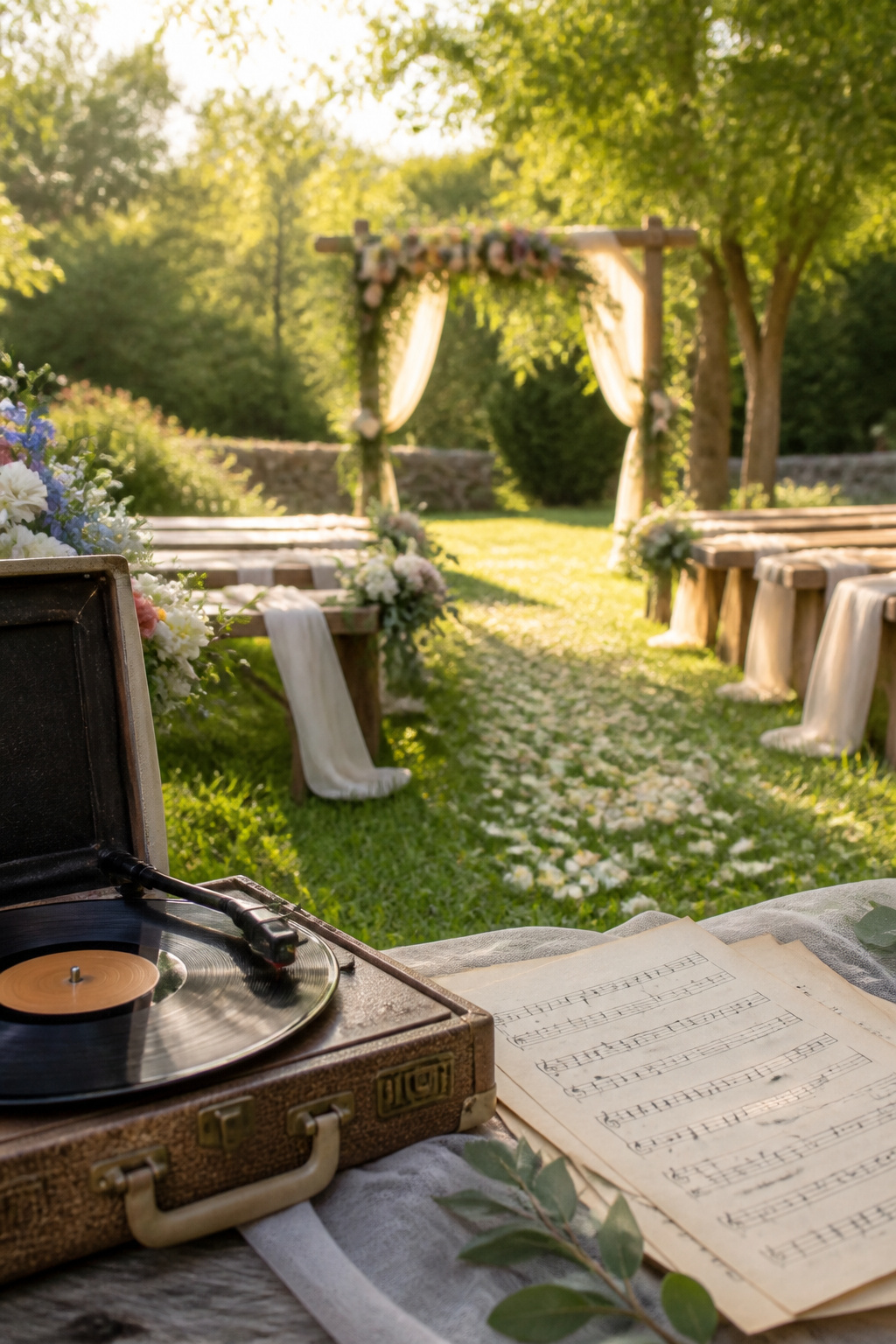 A garden wedding setting with sheet music next to a record player.
