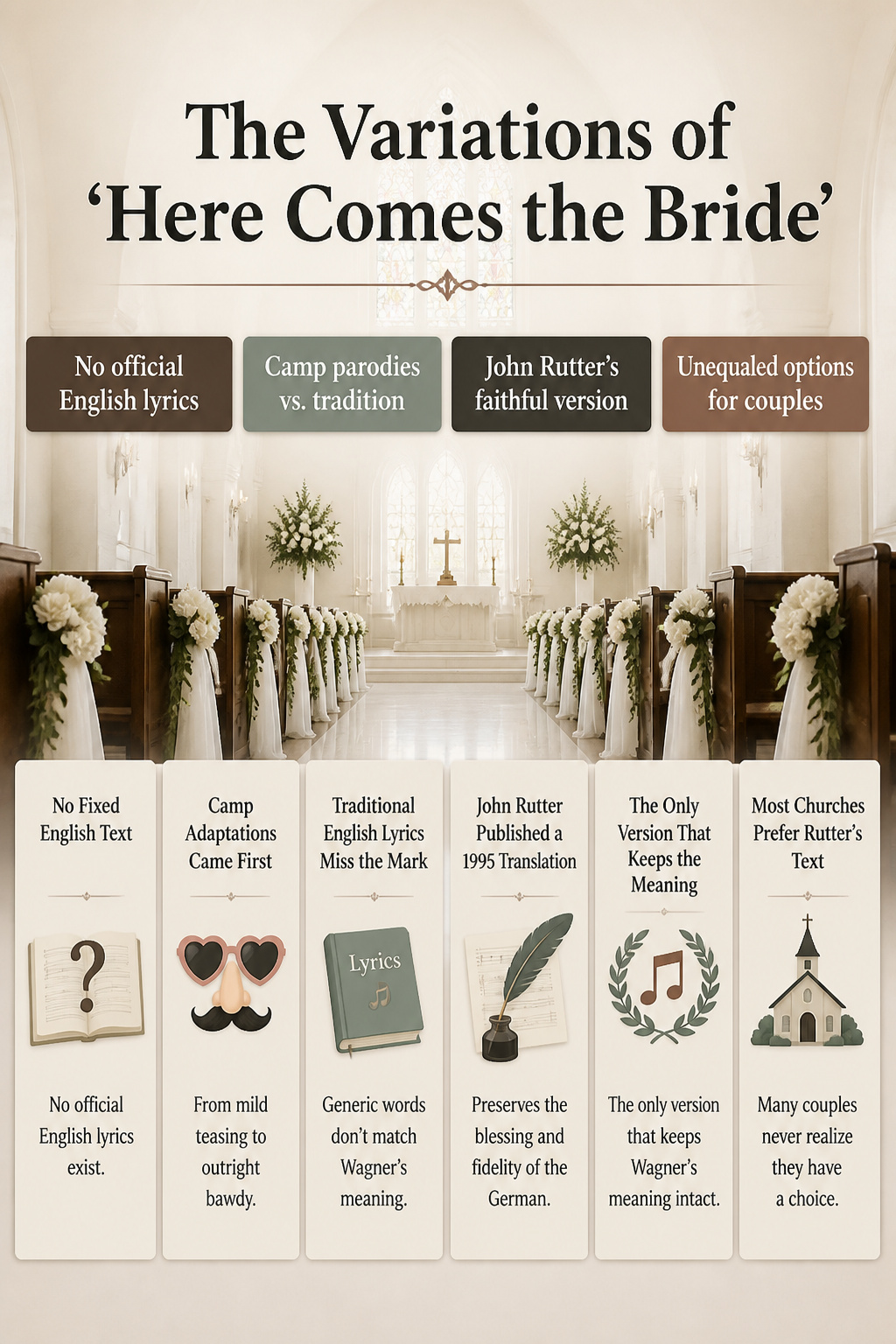 An information image titled 'The Variations of Here Comes the Bride'.