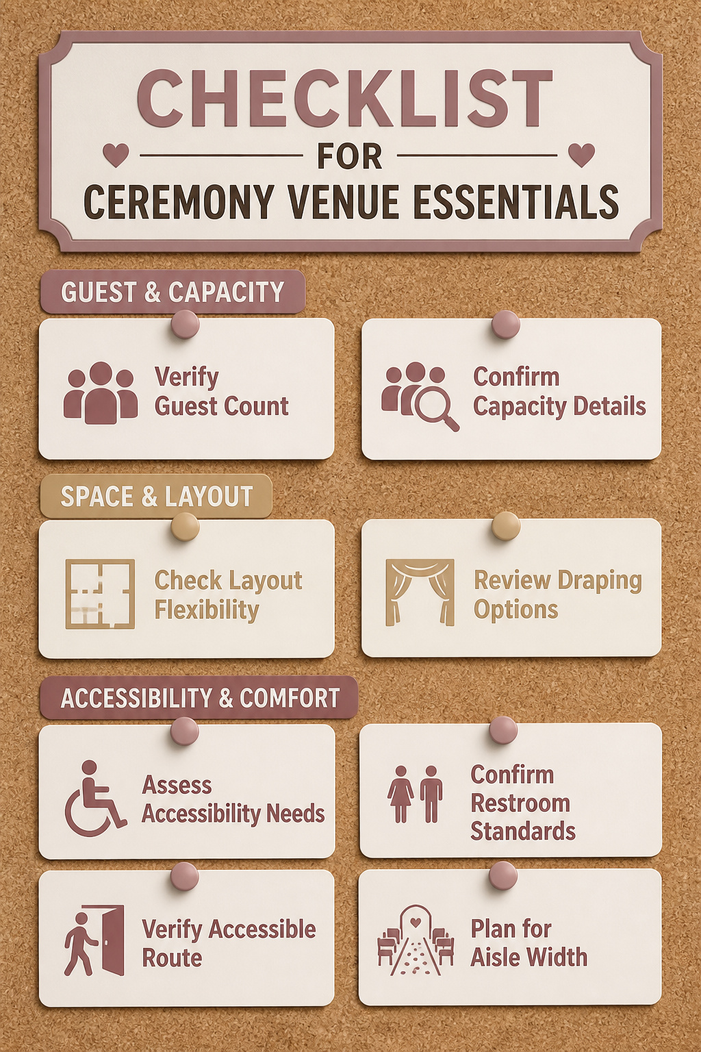 Checklist for assessing ceremony venue capacity and layout.