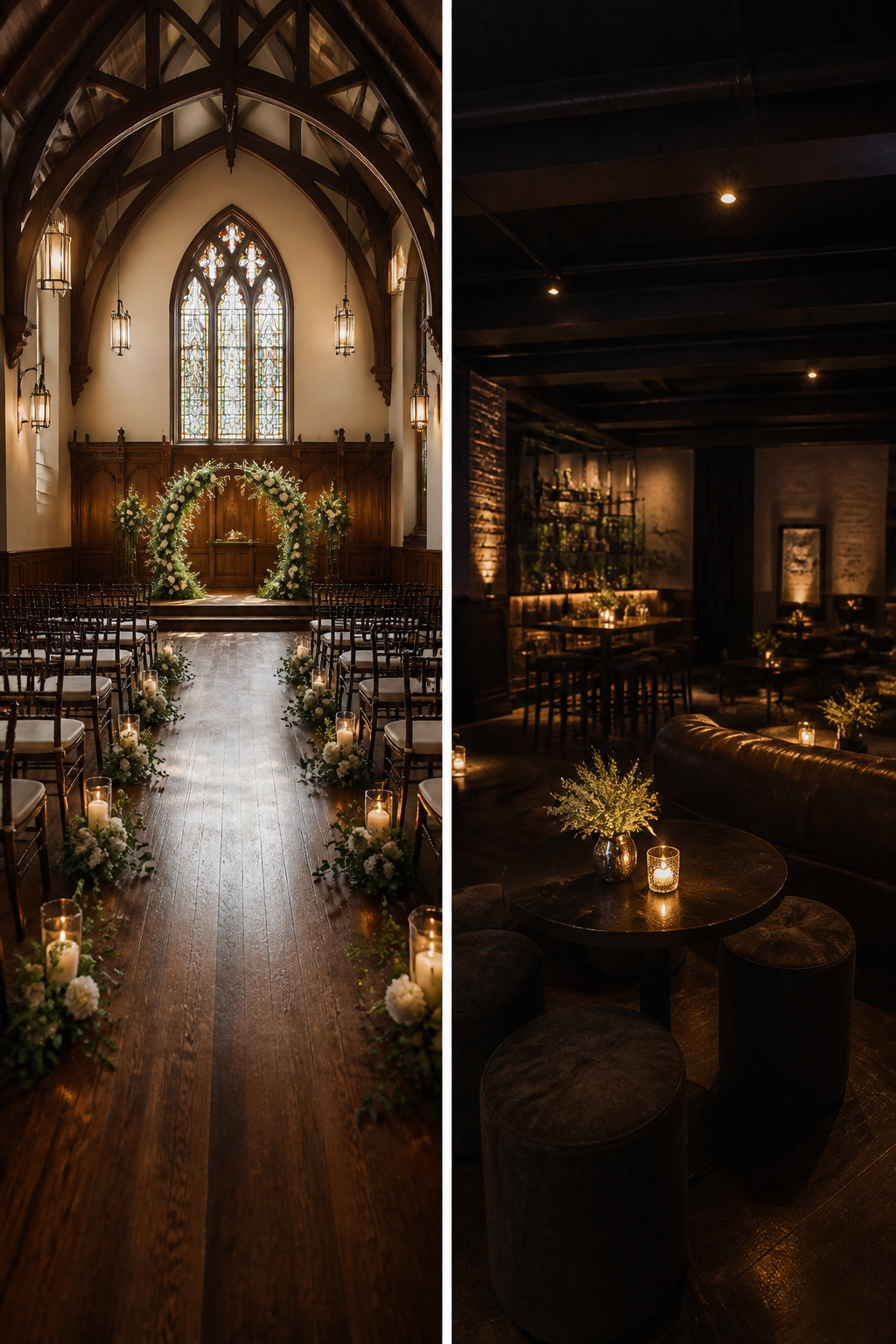 Chapel space with wood accents and a cellar lounge below.