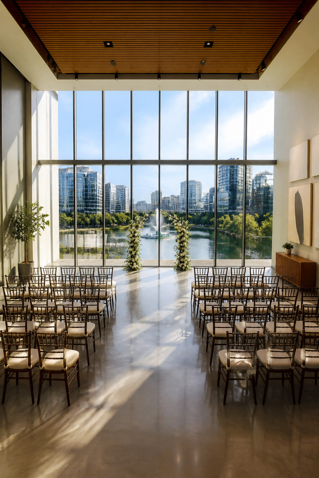 Indoor venue with large windows overlooking Lake Eola.
