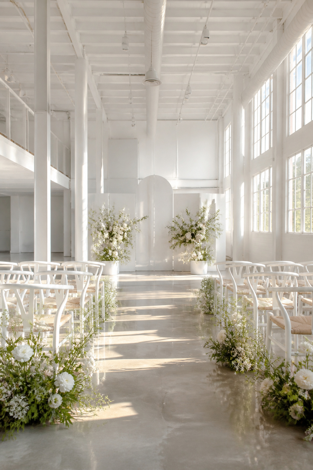 Bright all-white venue with polished floors and floral decor.