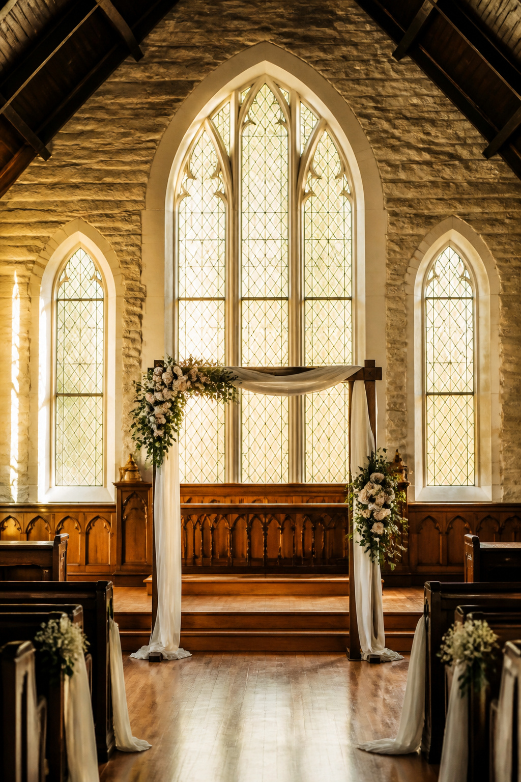 A traditional wedding ceremony setting with arched windows at The Legacy.