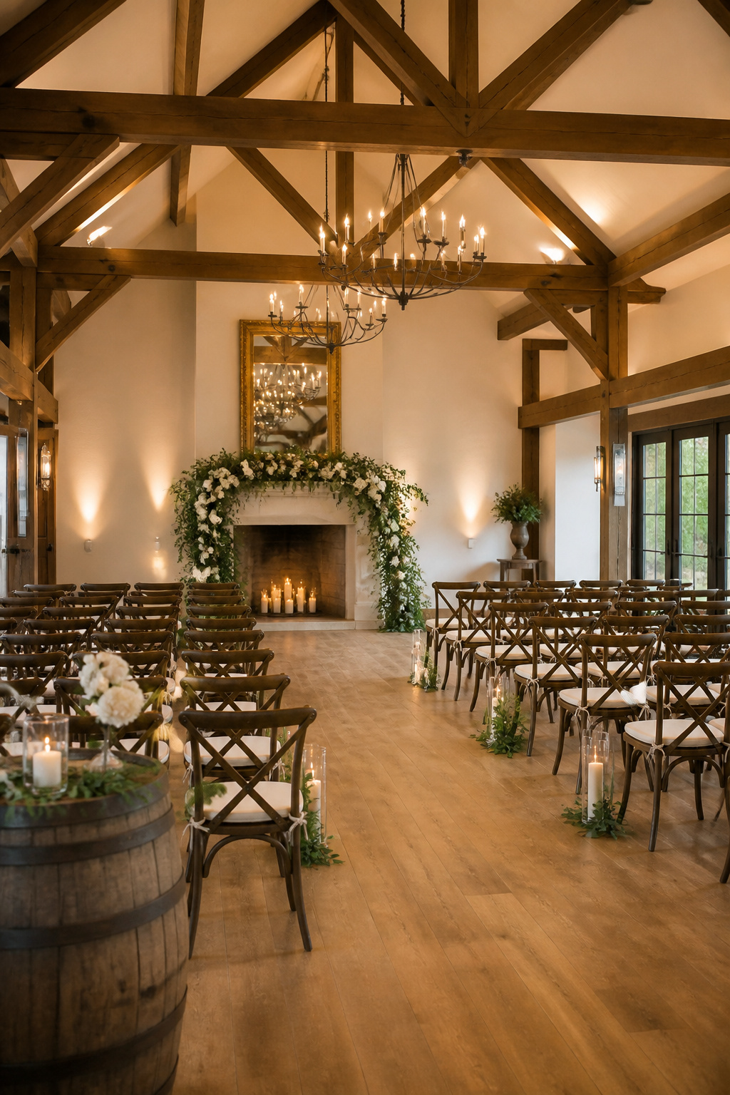 Spacious interior with vaulted ceilings and warm lighting.