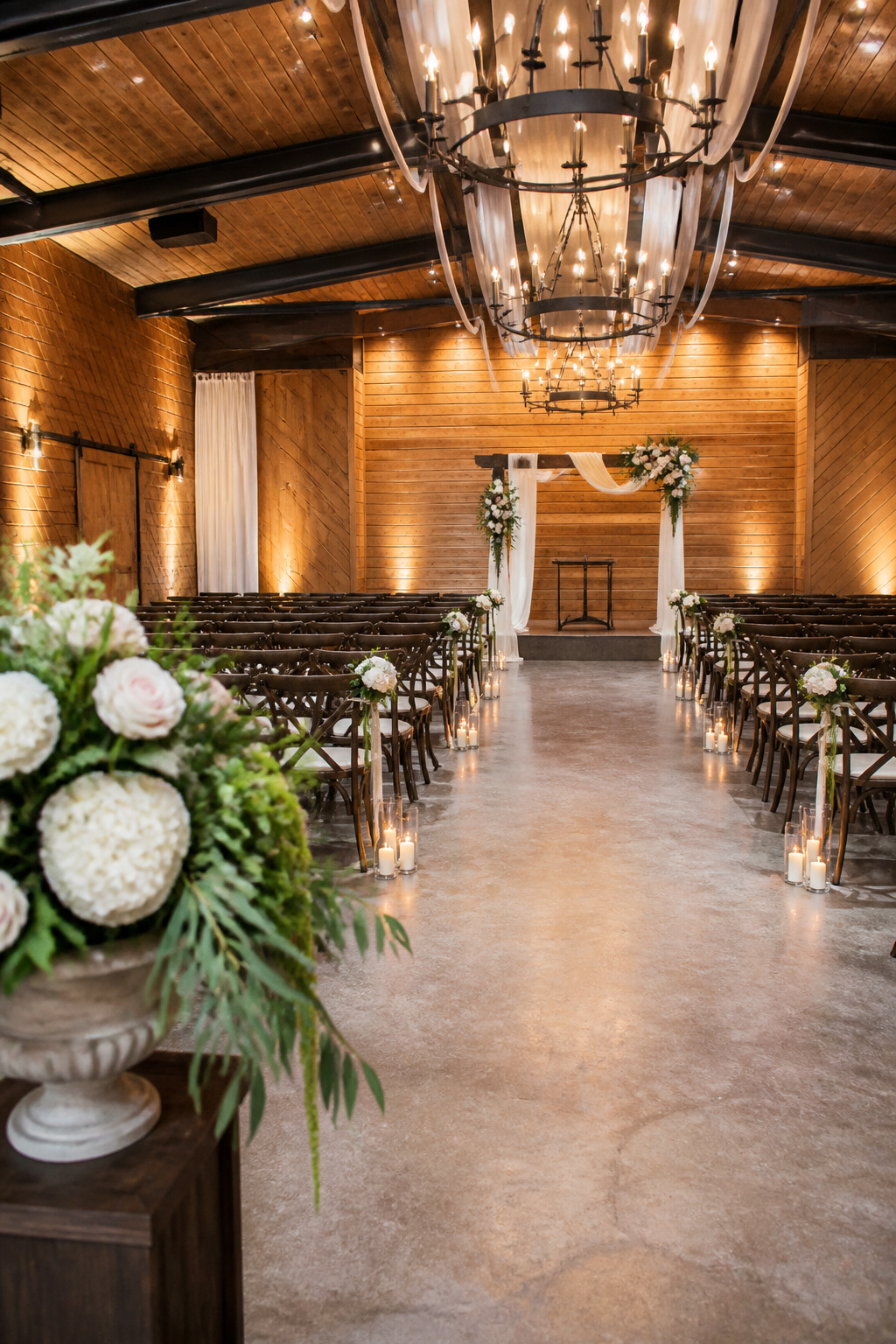 Inviting ceremony area with rustic elements and elegant lighting.