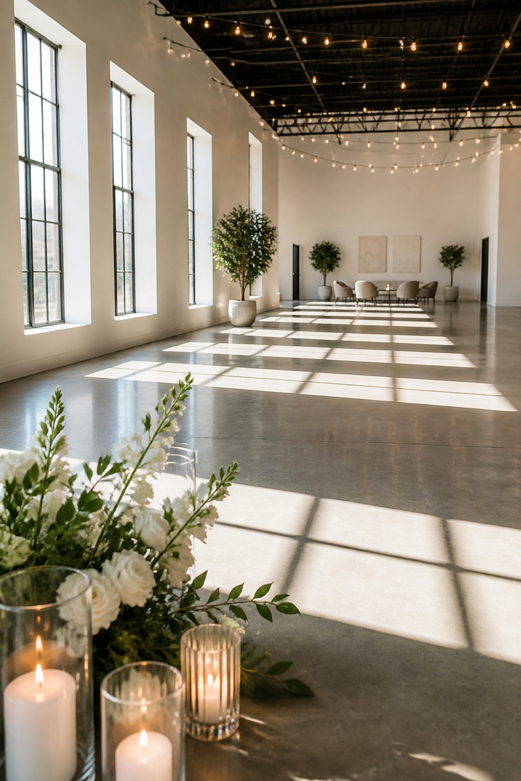 Inviting interior space with polished floors and large windows.
