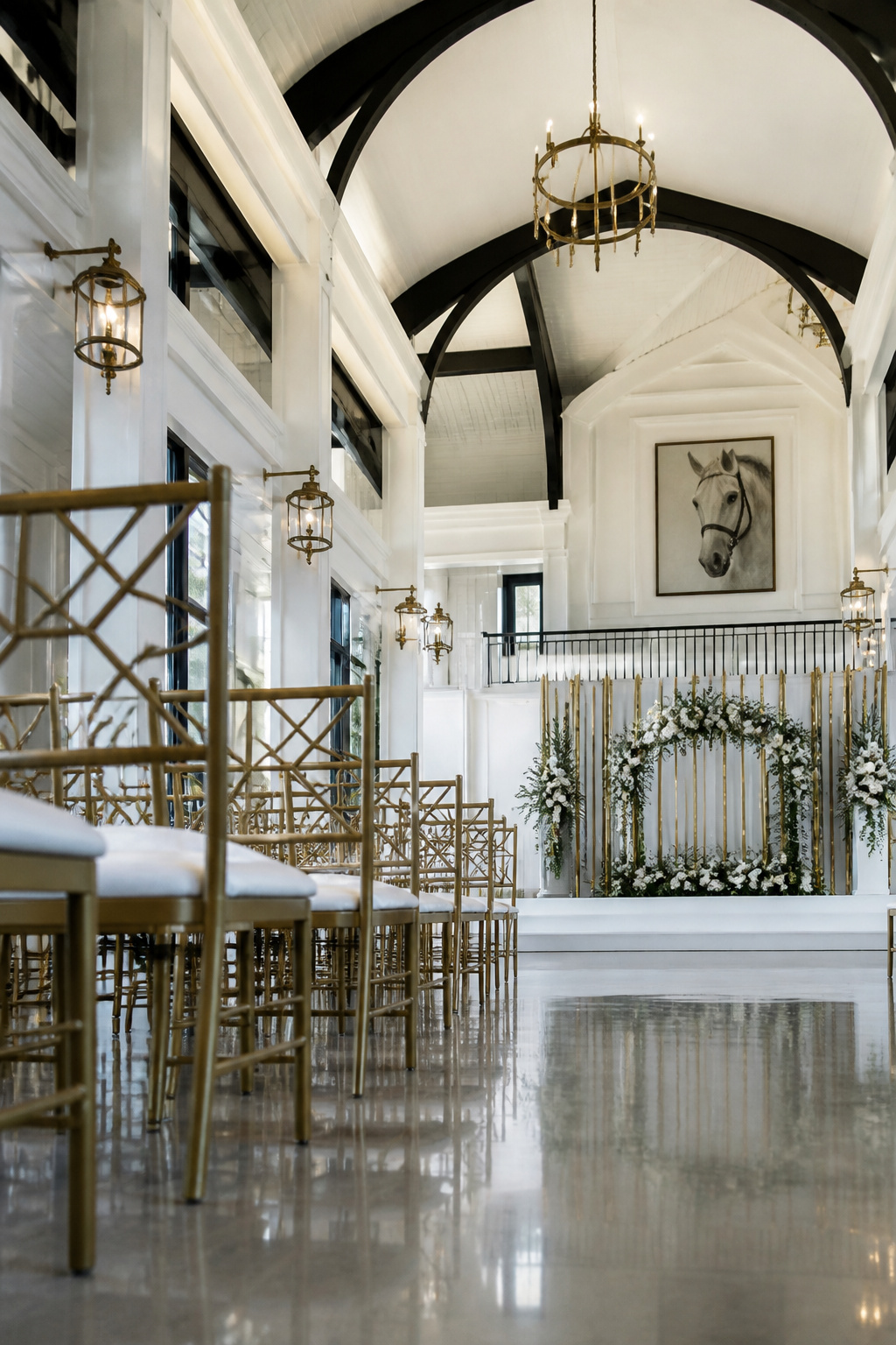 Large venue with polished surfaces and equestrian-themed decor.