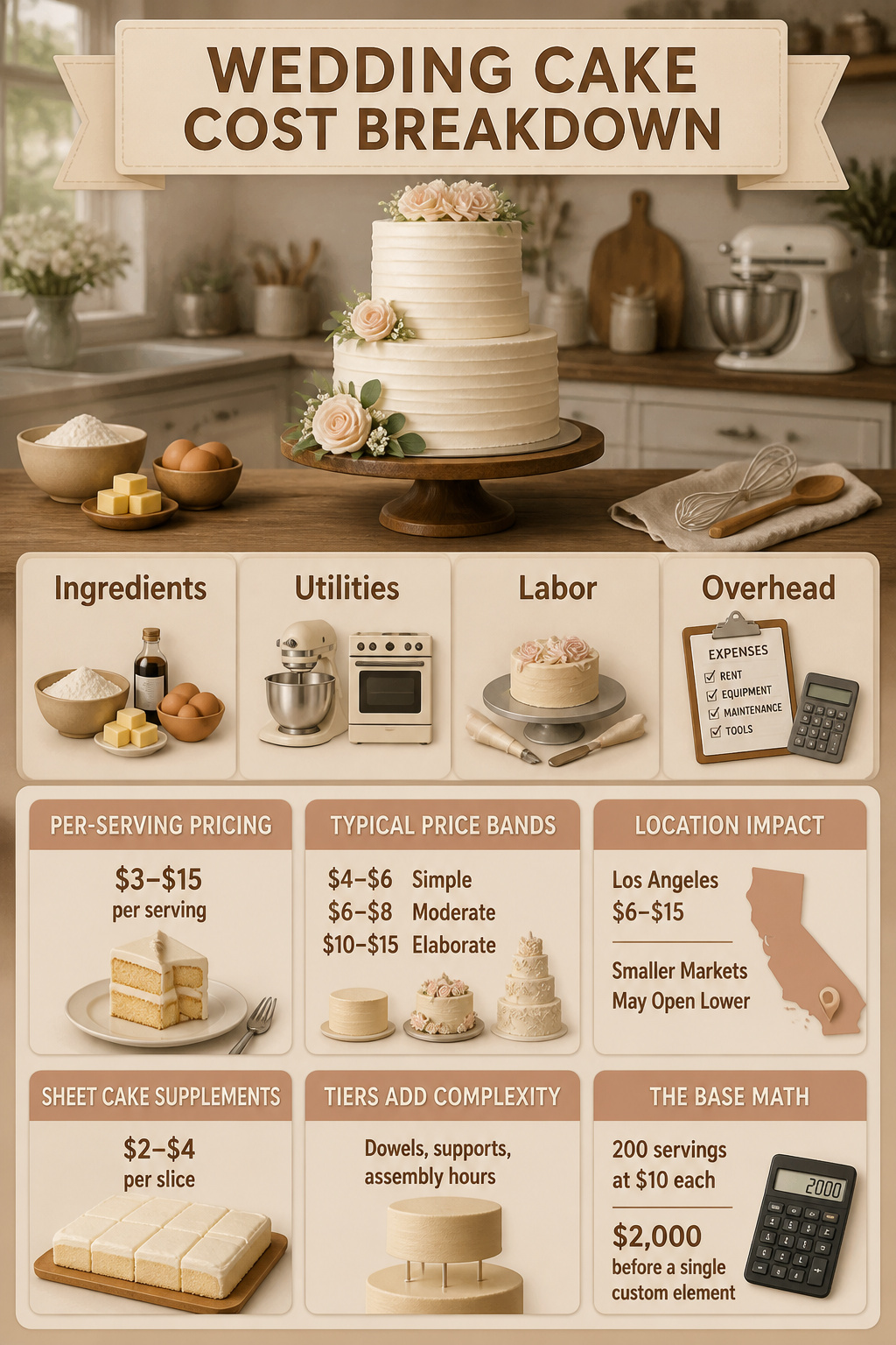 A breakdown of wedding cake costs, including ingredients and labor.