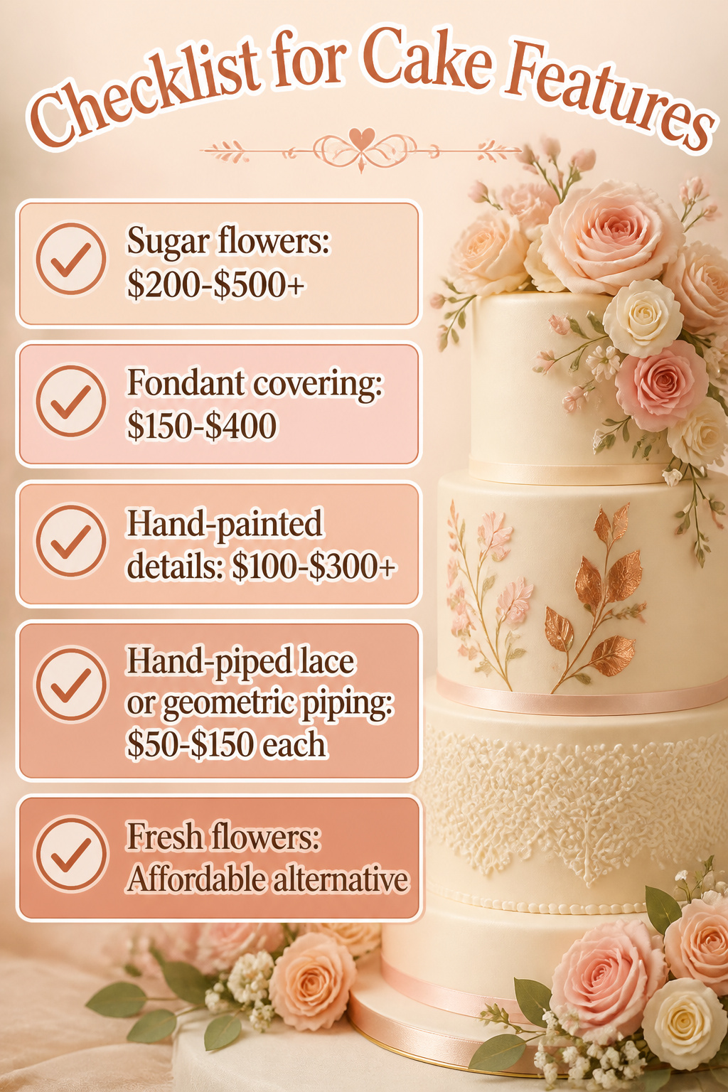 A checklist detailing various decorative elements for wedding cakes.