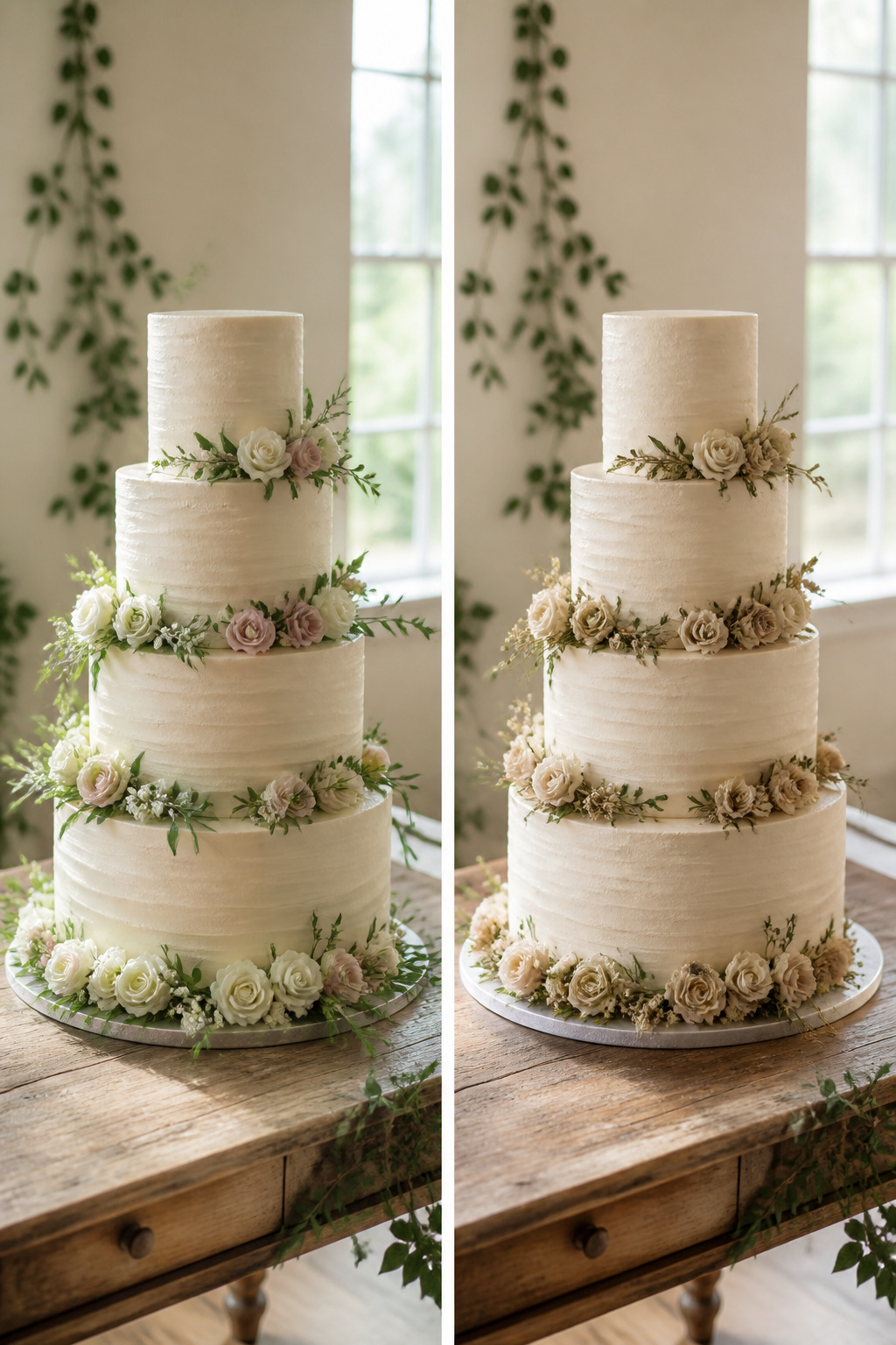 A four-tier wedding cake with various sizes to serve many guests.