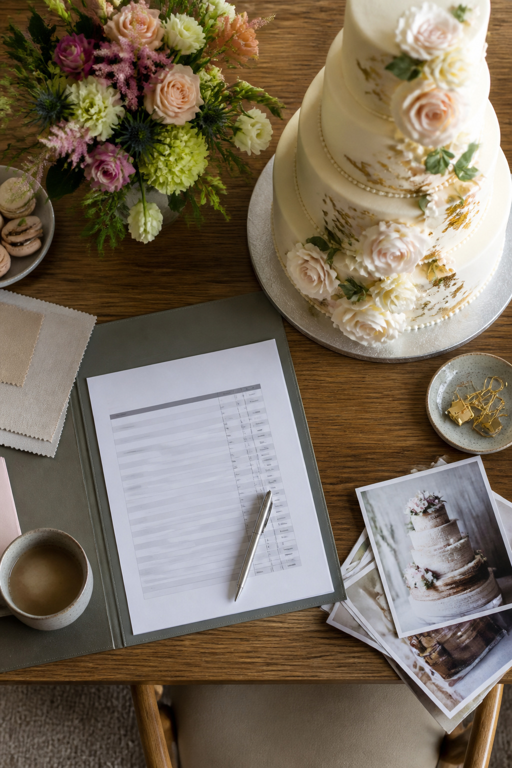 An itemized quote for a wedding cake, listing base and additional charges.