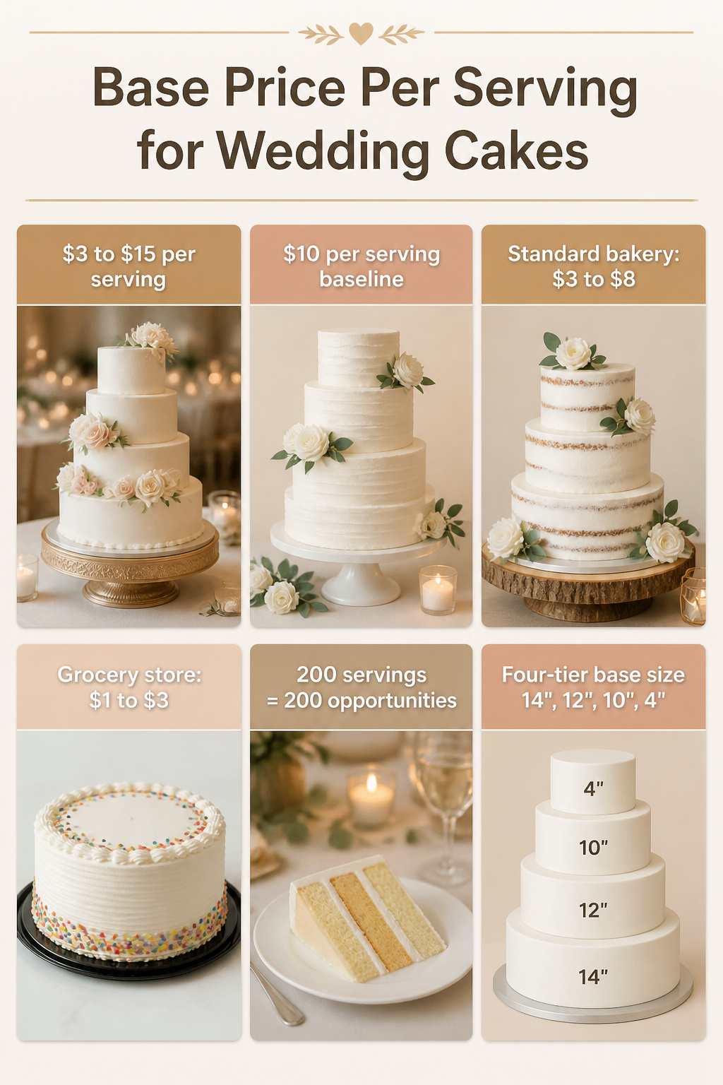 A chart showing base prices per serving for various wedding cakes.