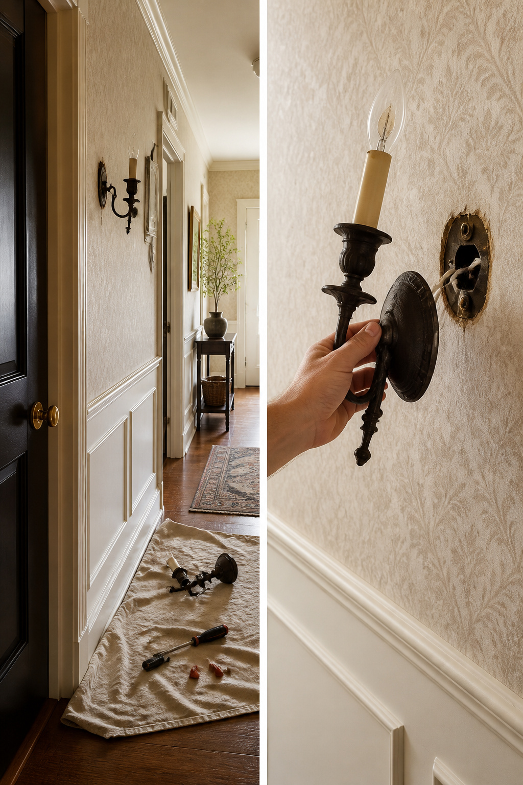 How to Add Wall Sconces: A 7-Step Installation Guide for 2026 3 Hands removing an old wall sconce from the mounting plate.