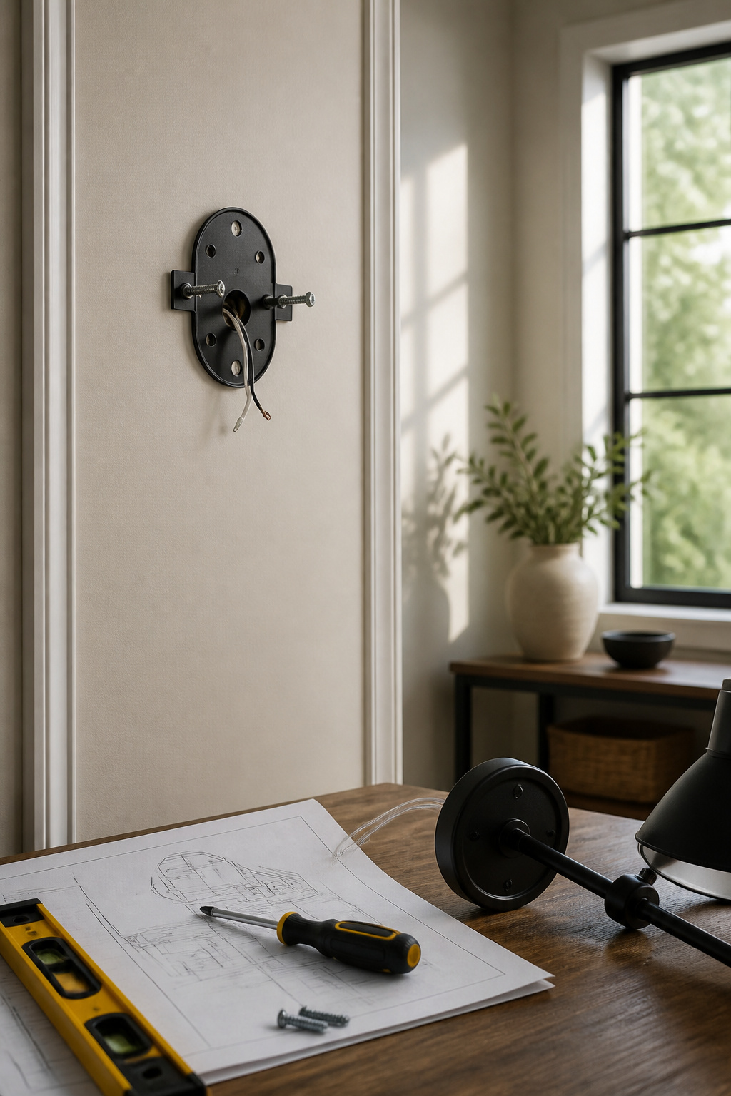 How to Add Wall Sconces: A 7-Step Installation Guide for 2026 4 A mounting bracket installed on a beige wall for a new sconce.