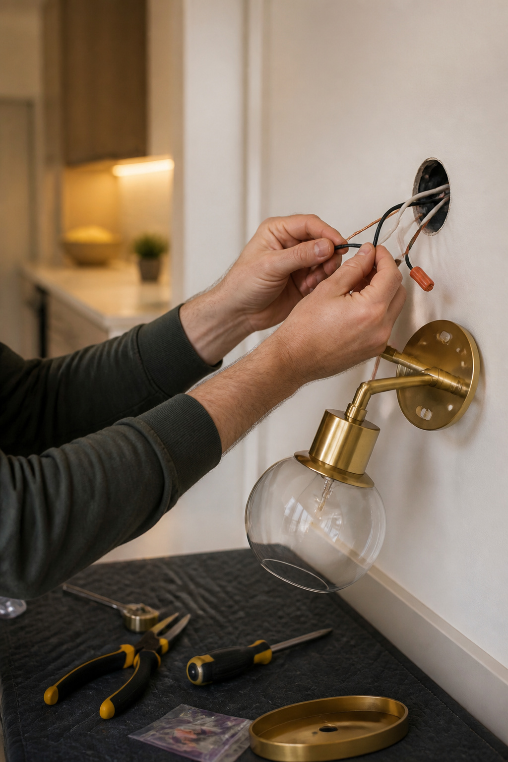 How to Add Wall Sconces: A 7-Step Installation Guide for 2026 5 Close-up of hands twisting electrical wires together for a wall sconce.
