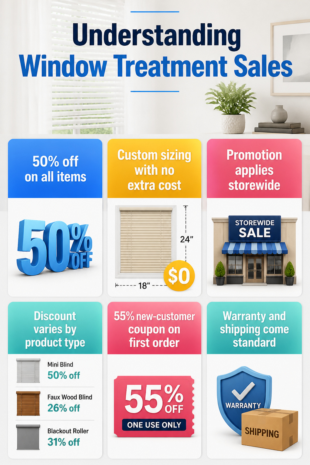 Visual representation of sales and discounts on window treatments.