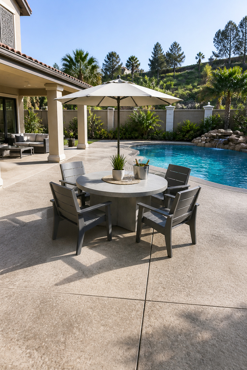 A concrete table and chairs set up near a pool for dining.
