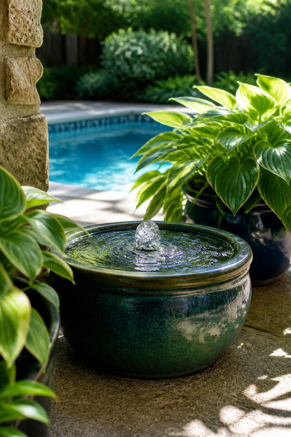 A small solar-powered fountain set up on a deck beside the pool.