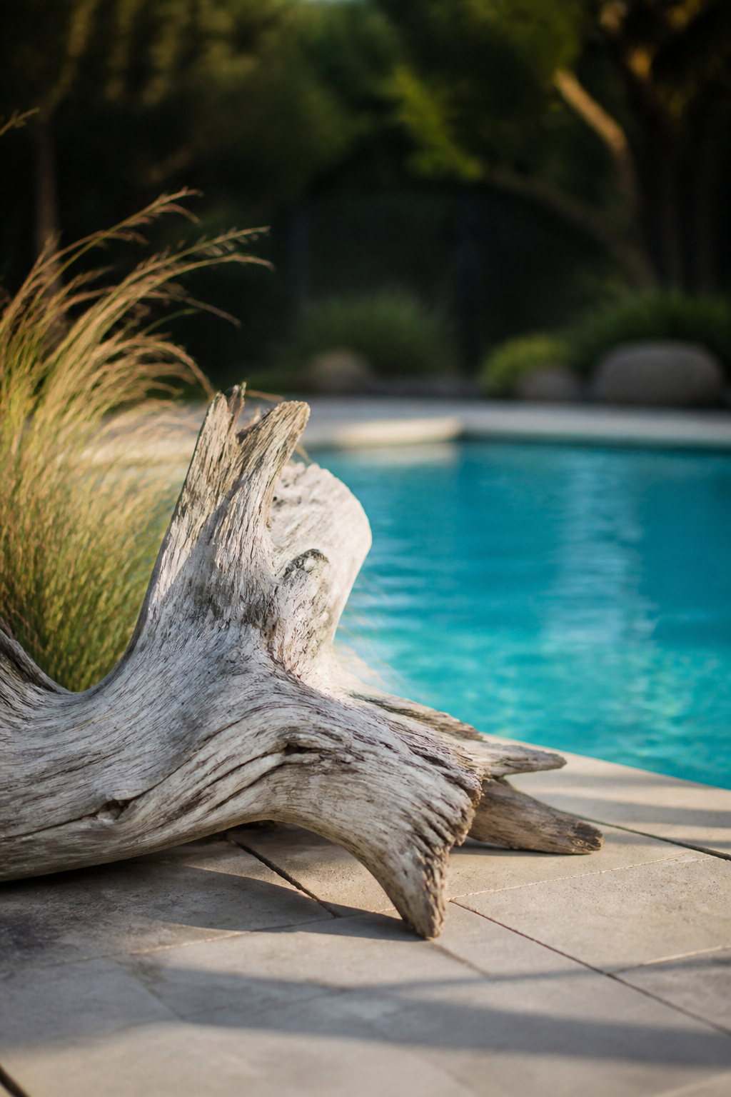 A piece of driftwood placed decoratively near the pool.