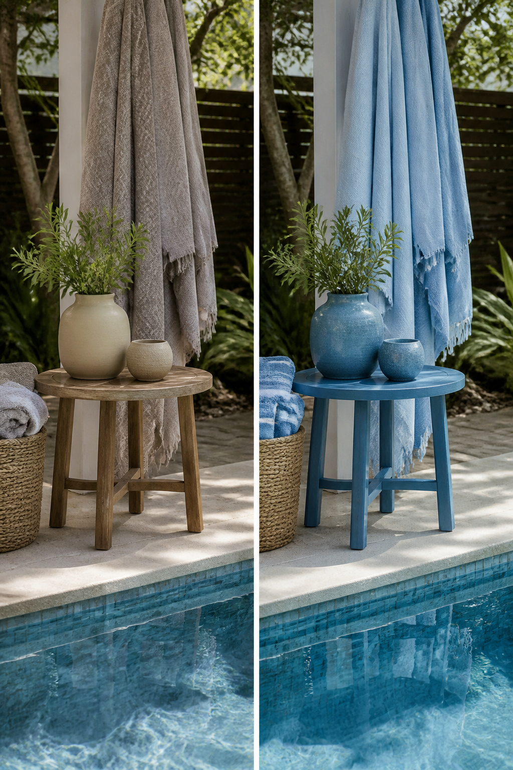 A side table painted blue to match the pool's liner.