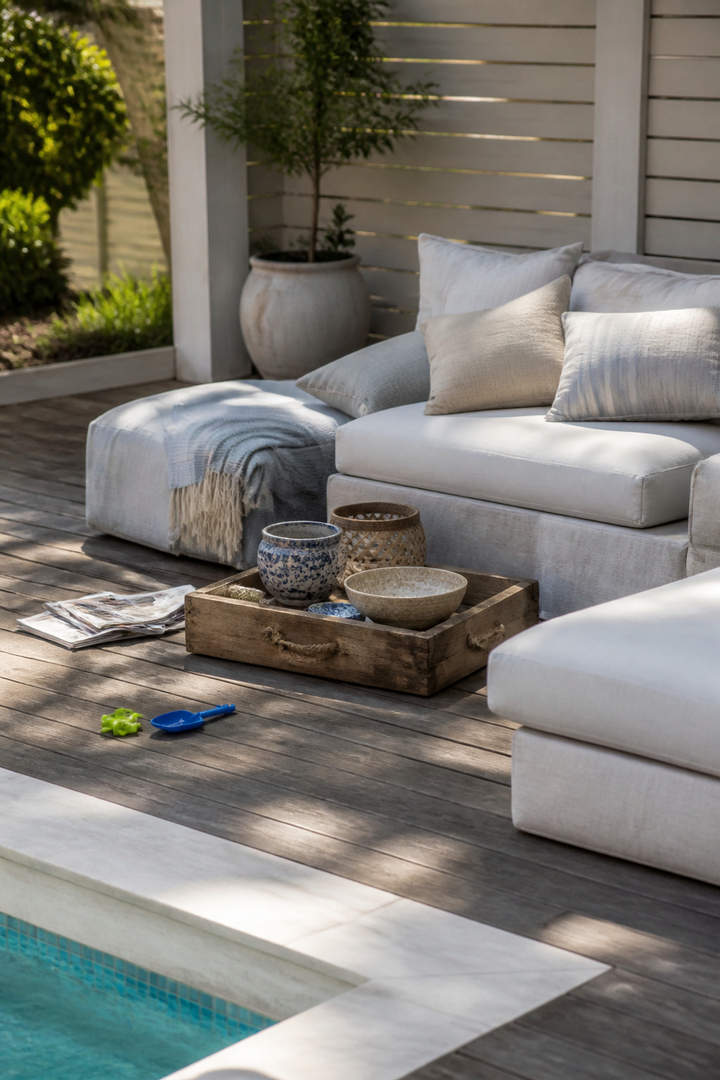 A wooden tray and pottery bowls arranged on a poolside table.