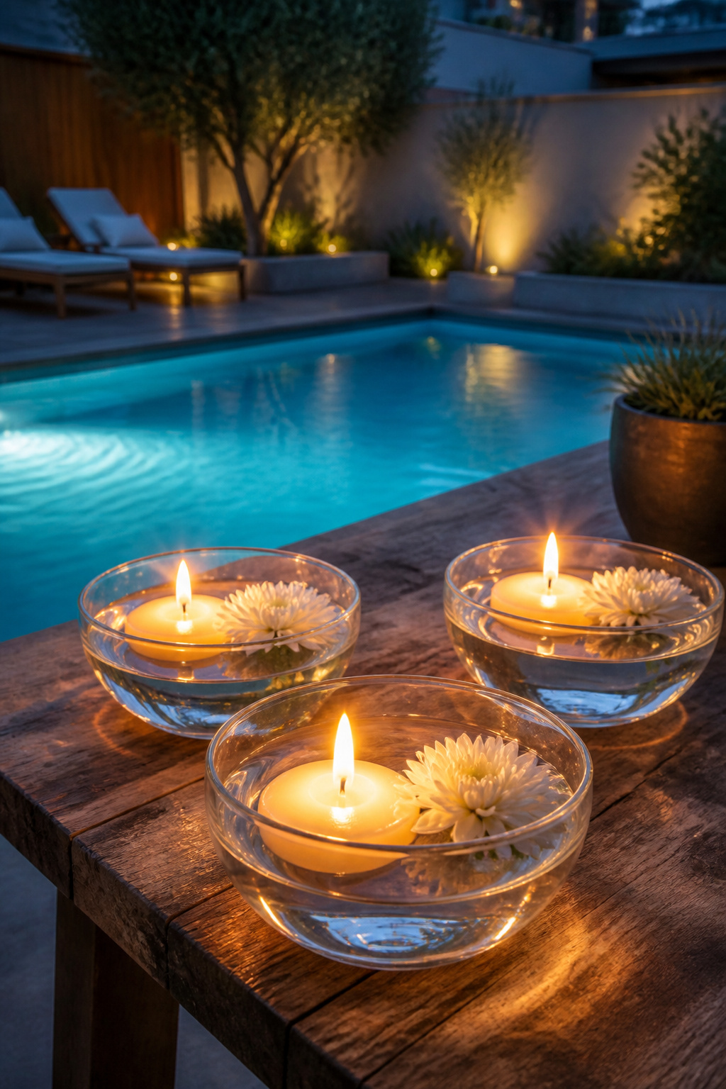 Shallow glass bowls with floating candles and blooms beside a pool.