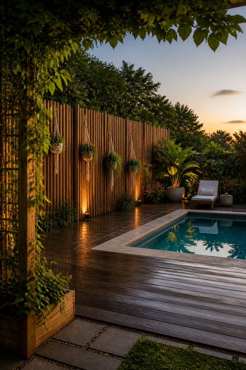 A tall bamboo screen installed along the property line near the pool.