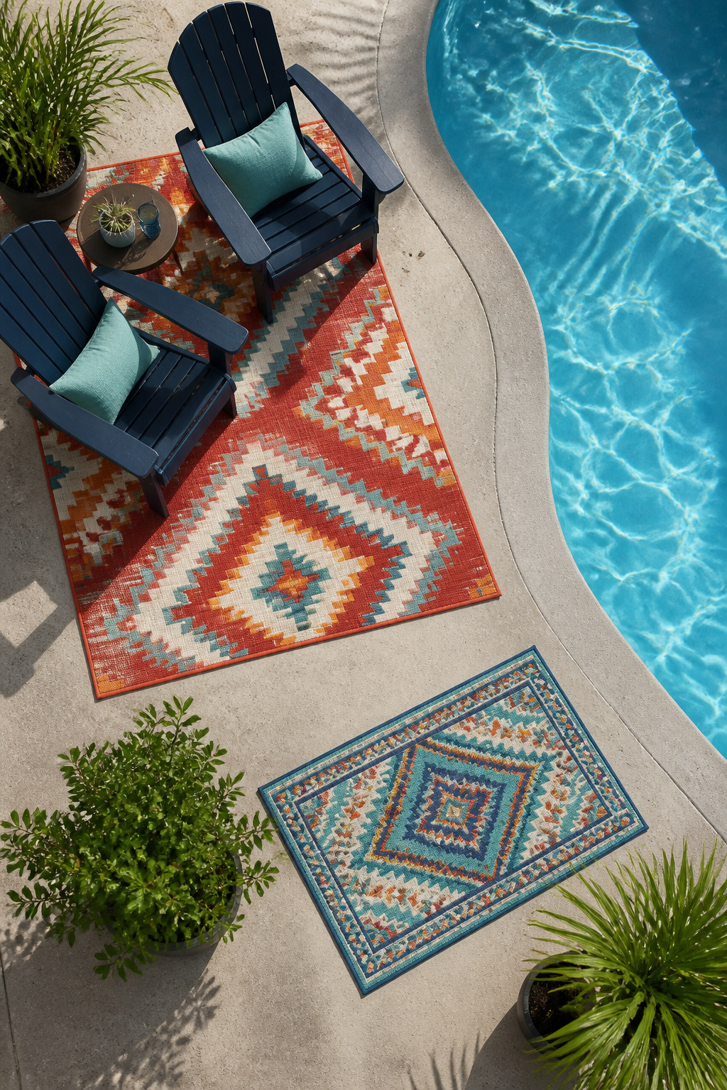 Two polypropylene rugs laid out on a pool deck area.