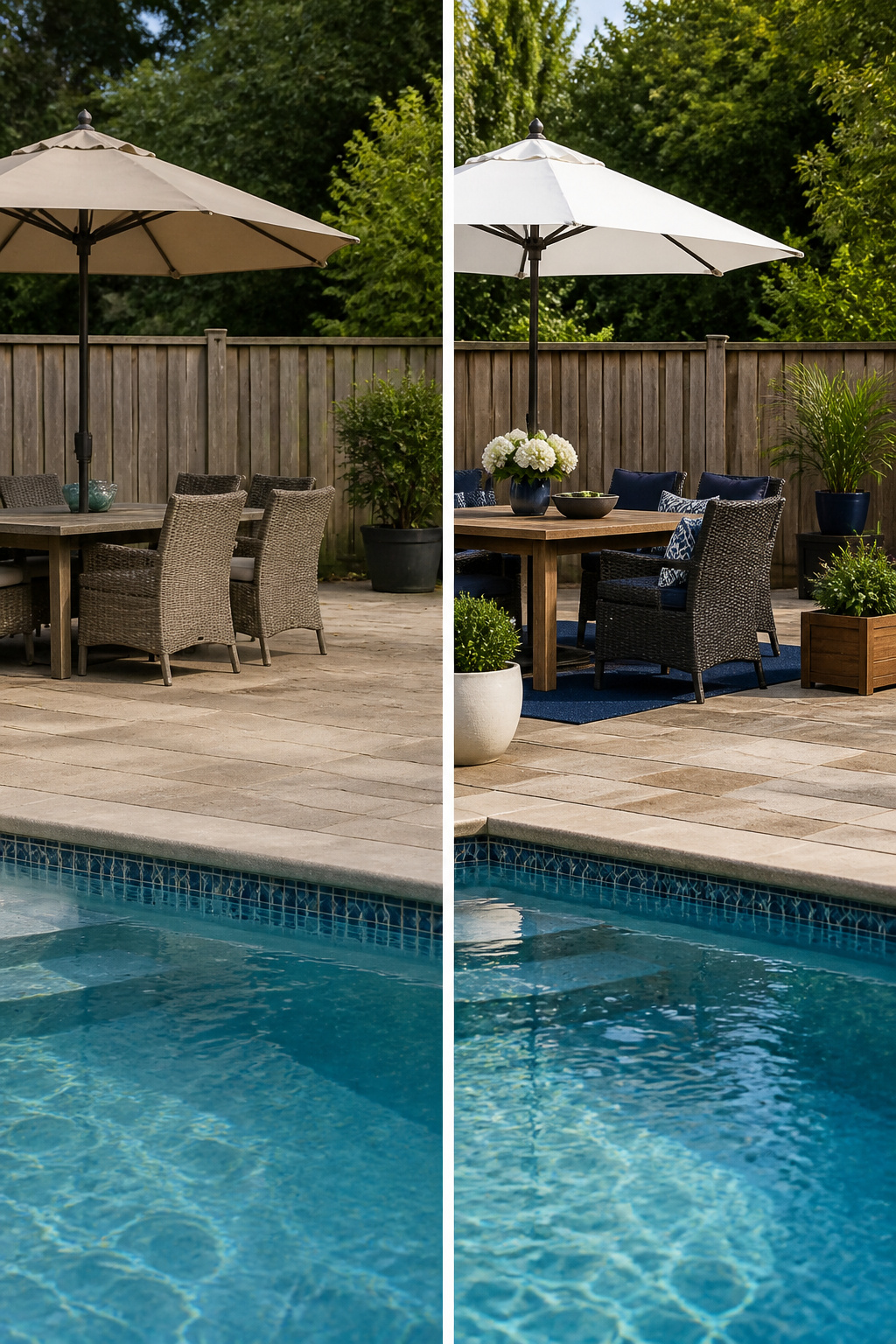 A selection of navy and white outdoor decor elements arranged poolside.