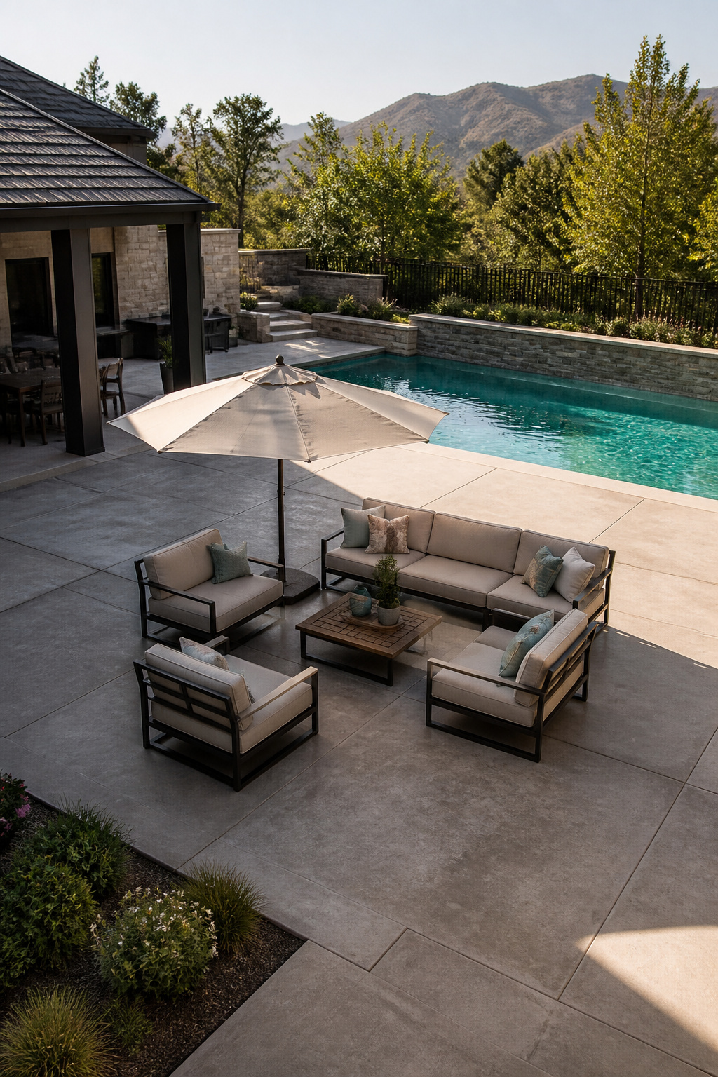 Four chairs and a small sectional arranged in a U-shape near the pool.