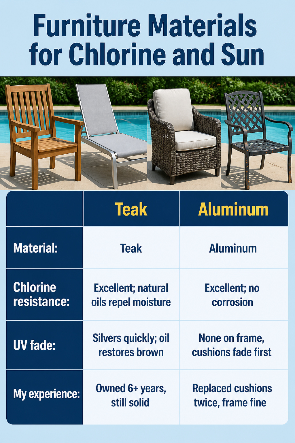 A chart comparing furniture materials for chlorine resistance and UV fade.