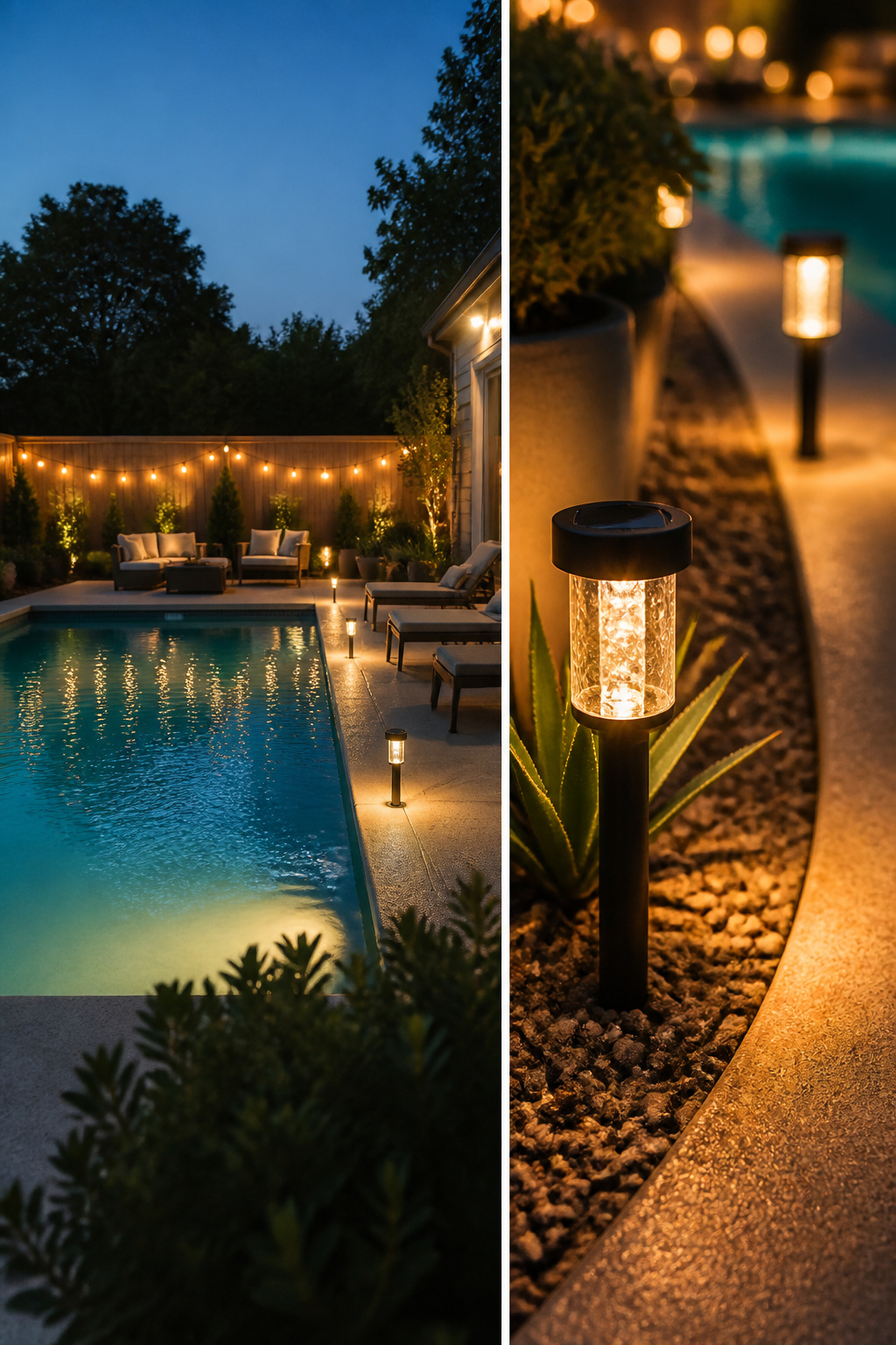 String lights and solar lights illuminating a pathway near the pool.