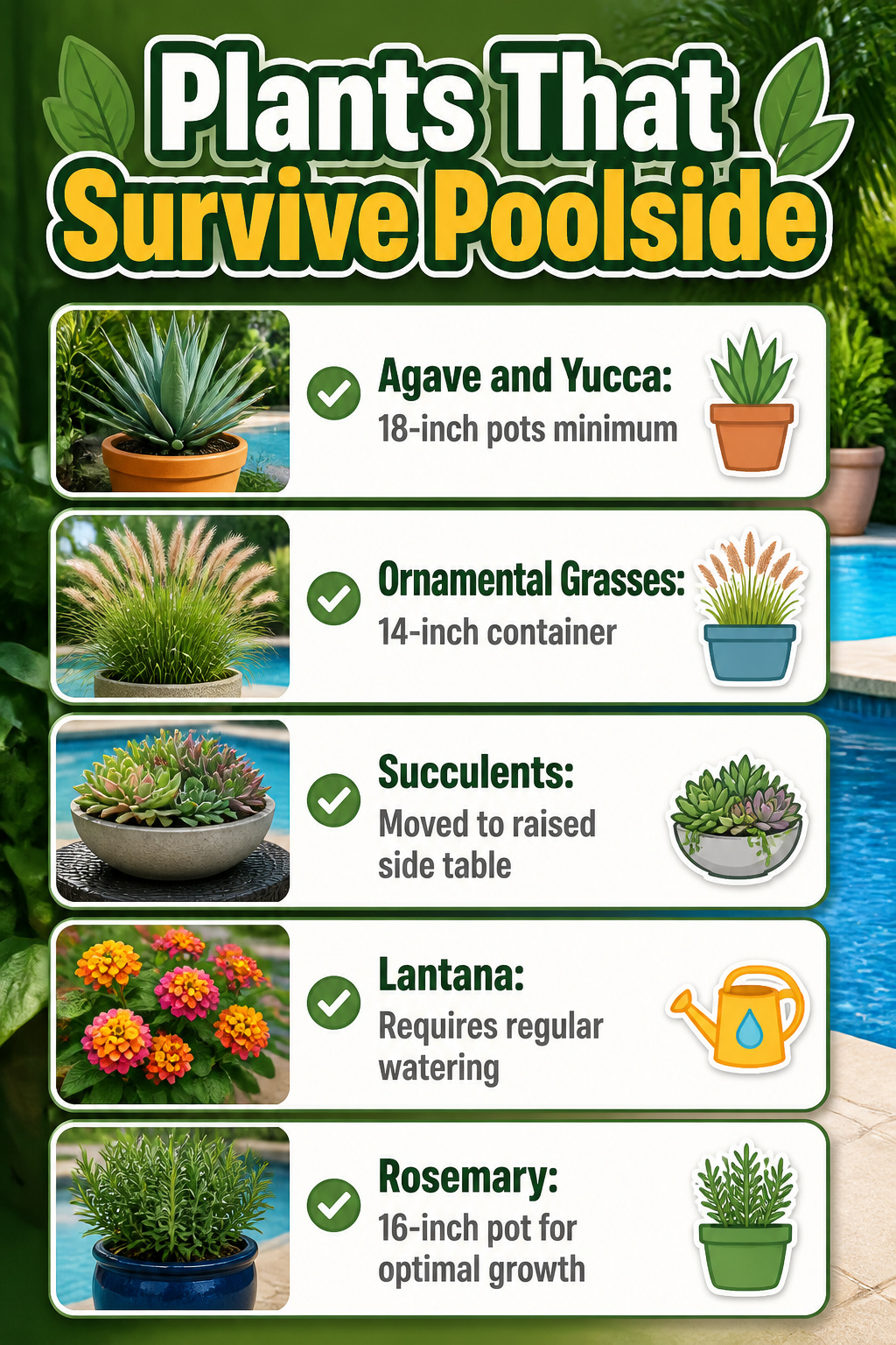 Various drought-resistant plants arranged in pots near a pool.