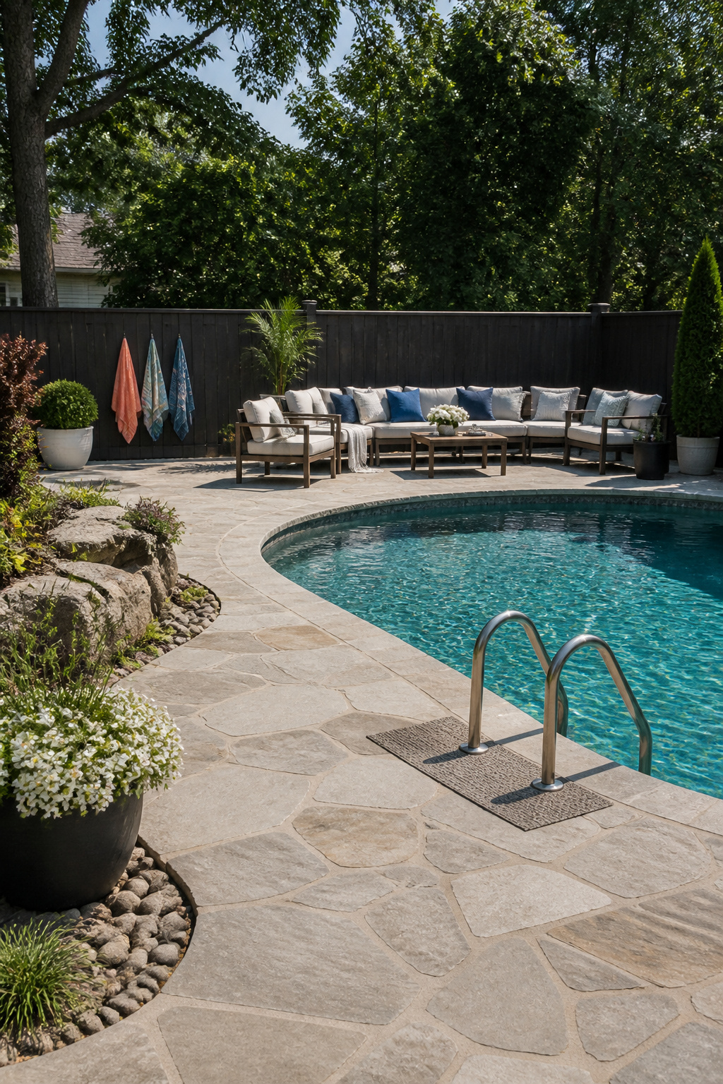 A layout of seating and tables organized for optimal poolside use.