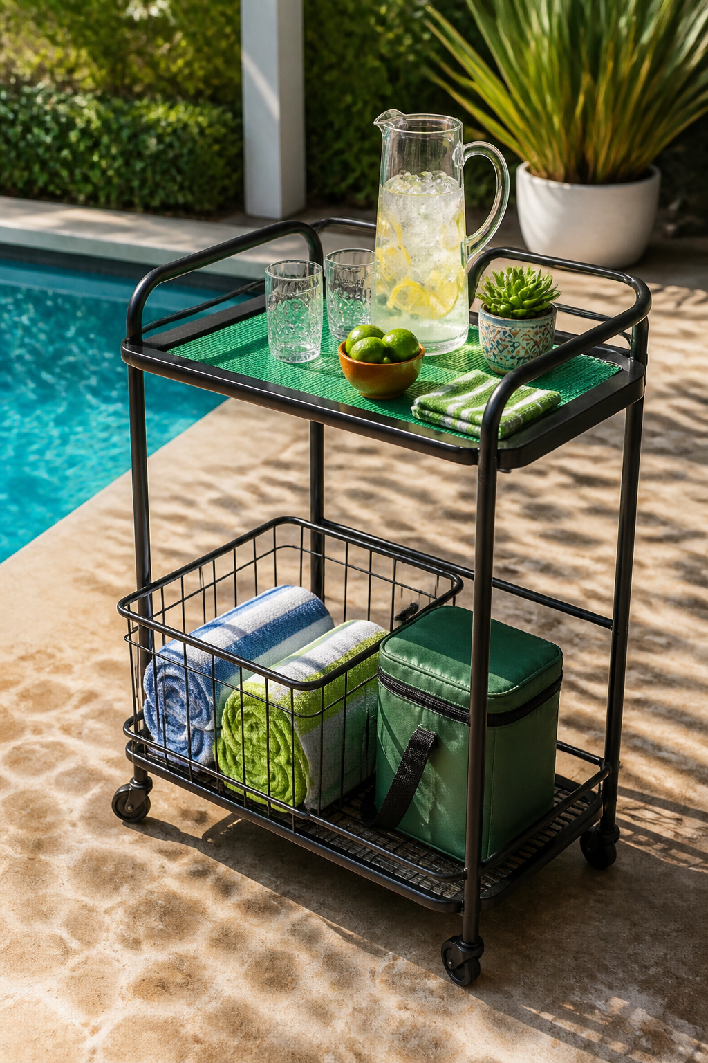 A mobile bar cart with drinks and towels positioned poolside.